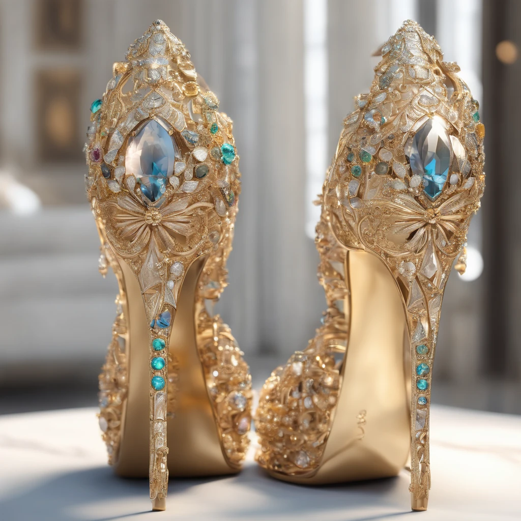 (Gold-tone high heels,Luxurious,inlaid gemstones,Sparkling diamonds,Luxurious design,opulent,shining gold,ornate detail,Exquisite craftsmanship,Delicate embellishments,Fine gold works,sparkling gemstones,enchanting elegance,Stunning beauty,Expensive materials,Fashionab,Stylish,elegant,High-end footwear,Dazzling,Exclusive luxury,precious gems,astounding,Eye-catching,Vibrant colors,Flawless craftsmanship,Sophisticated design,Unique and rare,ornate decoration,Bejeweled,Rich and luxurious,Radiant,Magnificent,Pristine,Breathtaking,Fancy,The coveted goddess,An elegant lady's choice,A desirable work of art,A masterpiece of family heirloom quality),((Best quality,4K,8K,A high resolution,Masterpiece:1.2)),((super ultra detail)),((Realistic,Photorealistic,photo-realistic:1.37))