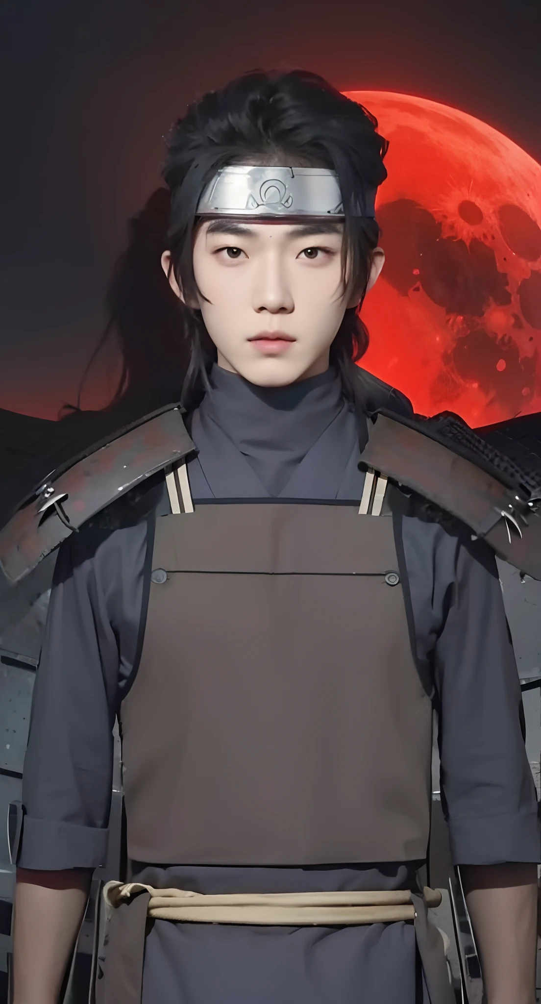 Real life adaption of this character, Korean  handsome face, cool expression, looking to viewer,realistic same hair , realistic same outfit wear red gray armor like samurai outfit, realistic red moon background, hyper realistic, realistic light, realistic shadow, realism,(photorealistic:1.2), realistic headband with iron plate in the middle headband