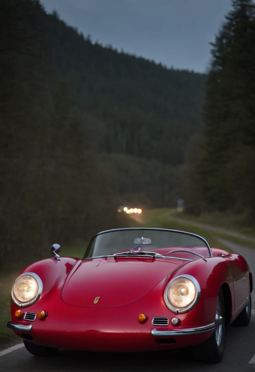 Porsche 550 Spyder em flash noturno por neons vermelhos realistas