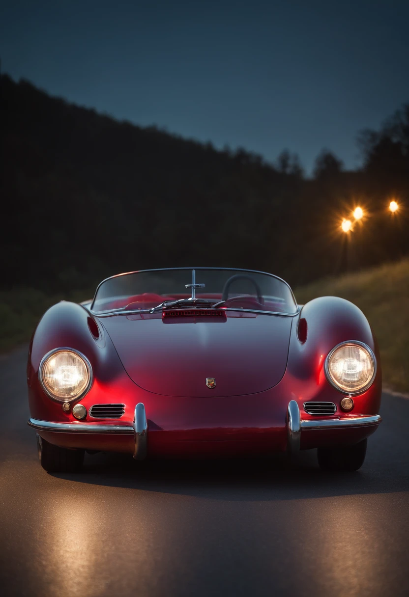 Porsche 550 Spyder em flash noturno por neons vermelhos realistas