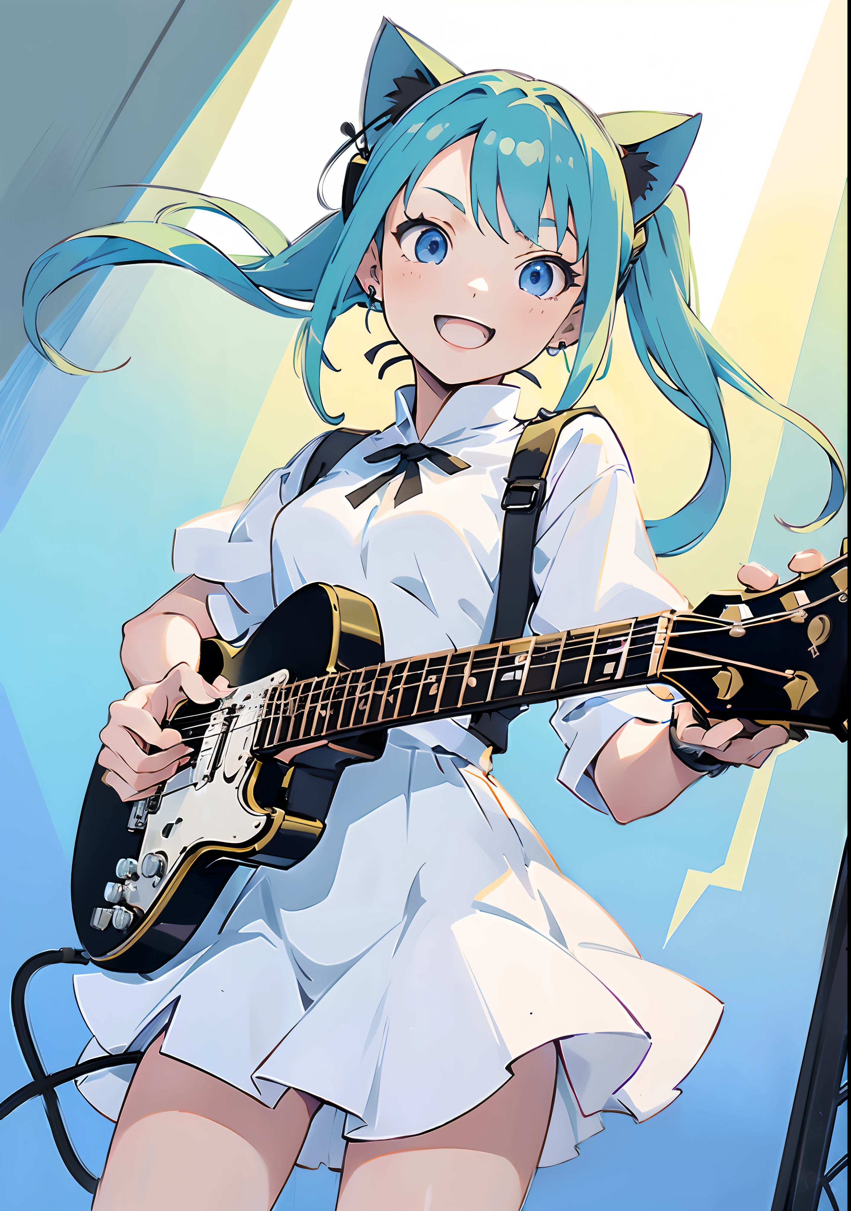 ((masutepiece, Best Quality))1girl in, Solo, Black Dress, Blue eyes, ((electric guitars)), headphones, double ponytails, (Jump while holding a guitar), holding plectrum, musical instrument, (long green hair), Music, One side up, Twin-tailed, (Cat's ears)、playing guiter、(The number of strings on the guitar is accurate)、(Precise details of an electric guitar),White futuristic clothes, White shirt, interiors、With a smile