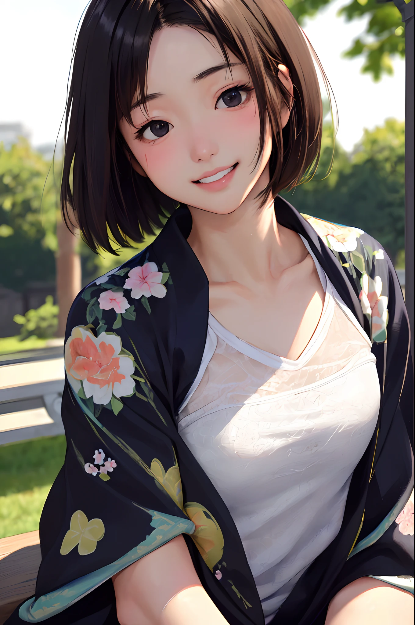 masterpiece, best quality, 1girl, solo, K-NANAMI, ((20yo, japanese face, japanese Actress)), short hair, black hair, black eyes, blue jacket, black gym-wear, (No expression), sitting, outdoors, sitting on a bench, ((upper body, face focus, face close-up)), smile, teeth,