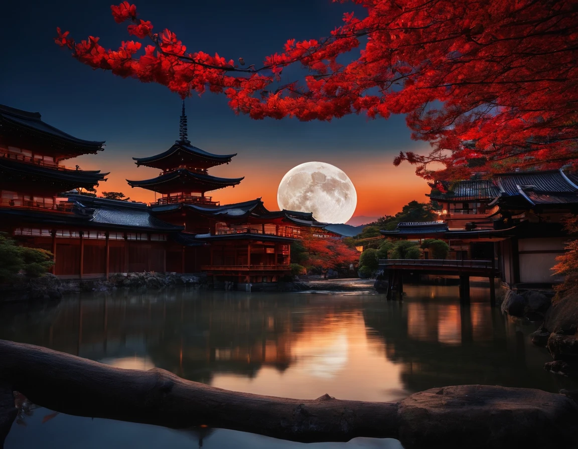 kyoto　There is a staircase at the back of the cityscape.、You can see the torii gate above it, and there is a shrine further back.　fullmoon