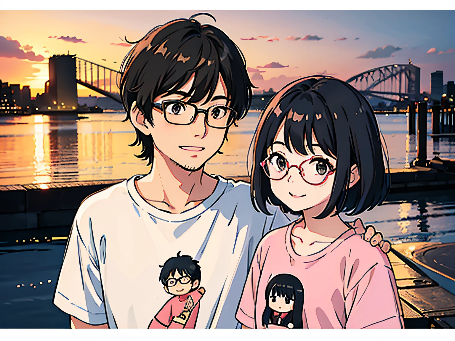 A young Japanese couple at the Sydney Opera House, the husband has black hair with bangs, wears glasses, and a blue T-shirt. The wife has medium-length black hair, wears glasses, and a pink T-shirt. They both have smiles on their faces. No beard, no children.