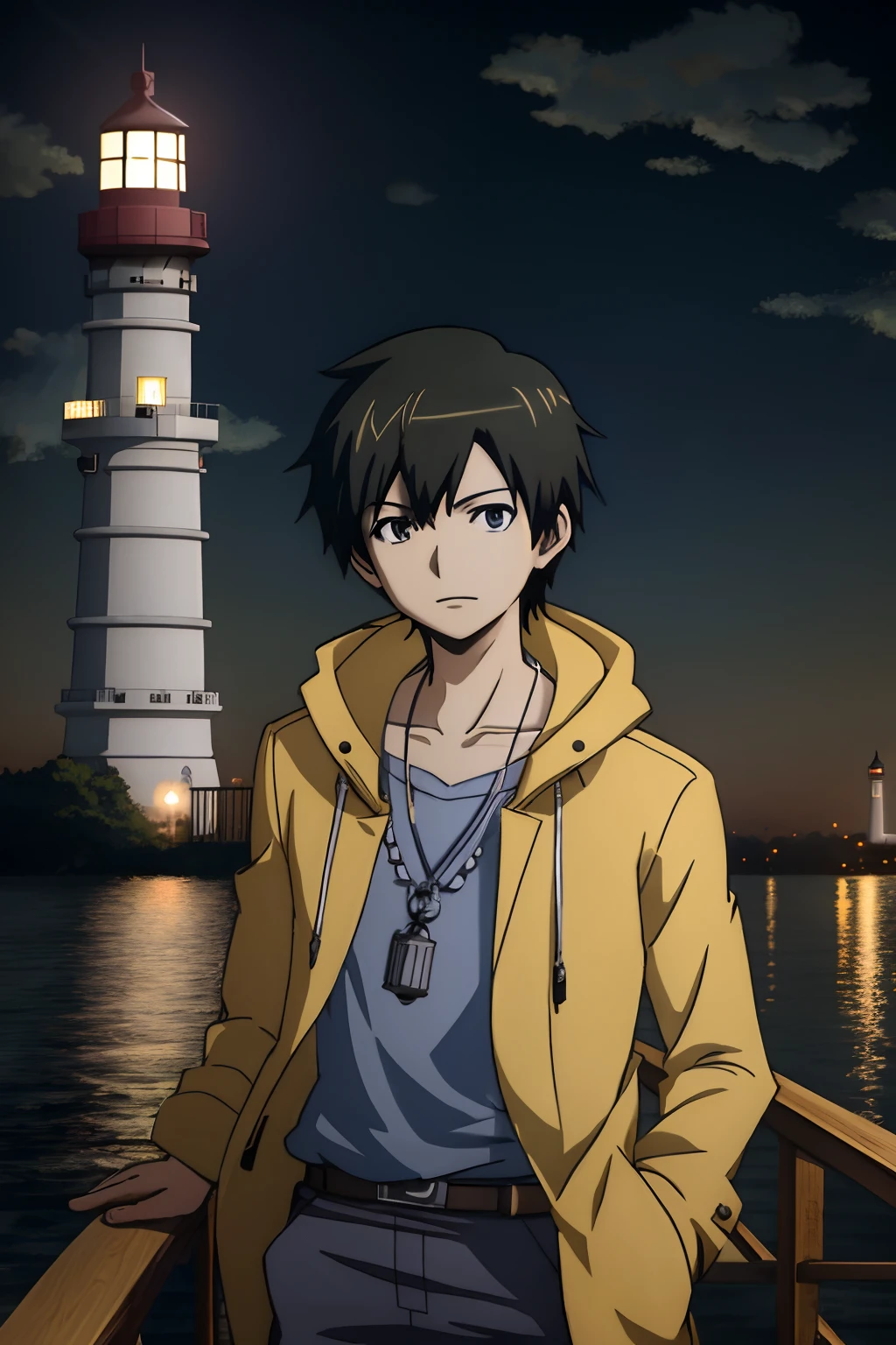 Anime boy in yellow raincoat standing on a boat in front of a lighthouse, Makoto Shinkai. digital render, Makoto Shinkai Cirilo Rolando, estilo anime 4K, estilo anime. 8k, Arte no estilo de Guweiz, Makoto Shinkai Estilo de Arte, Papel de parede anime 4k, Estilo Makoto Shinkai, Anime Wallpaper 4k