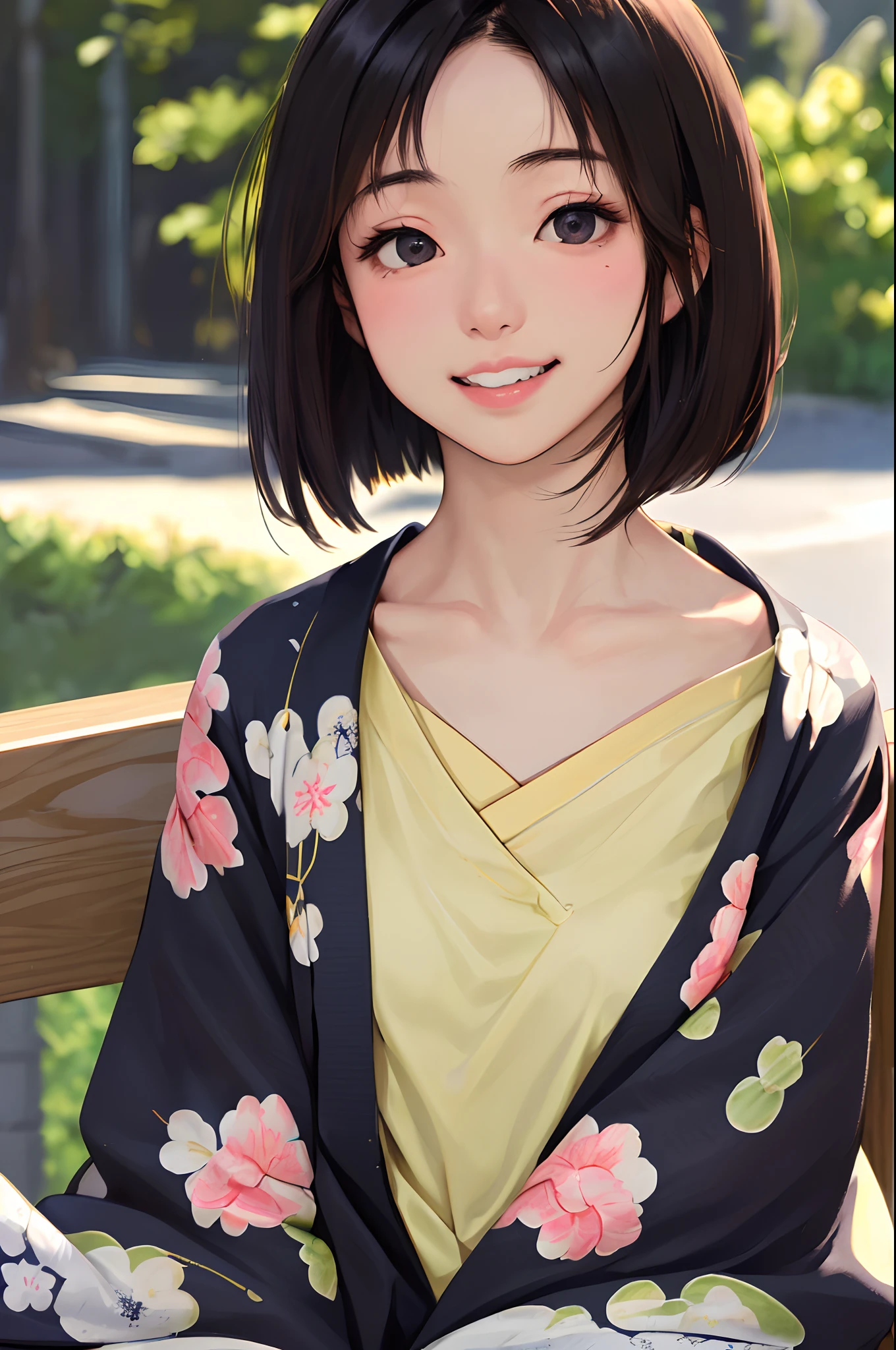 masterpiece, best quality, 1girl, solo, K-NANAMI, ((20yo, japanese face, japanese Actress)), short hair, black hair, black eyes, blue jacket, black gym-wear, (No expression), sitting, outdoors, sitting on a bench, ((upper body, face focus, face close-up)), smile, teeth,