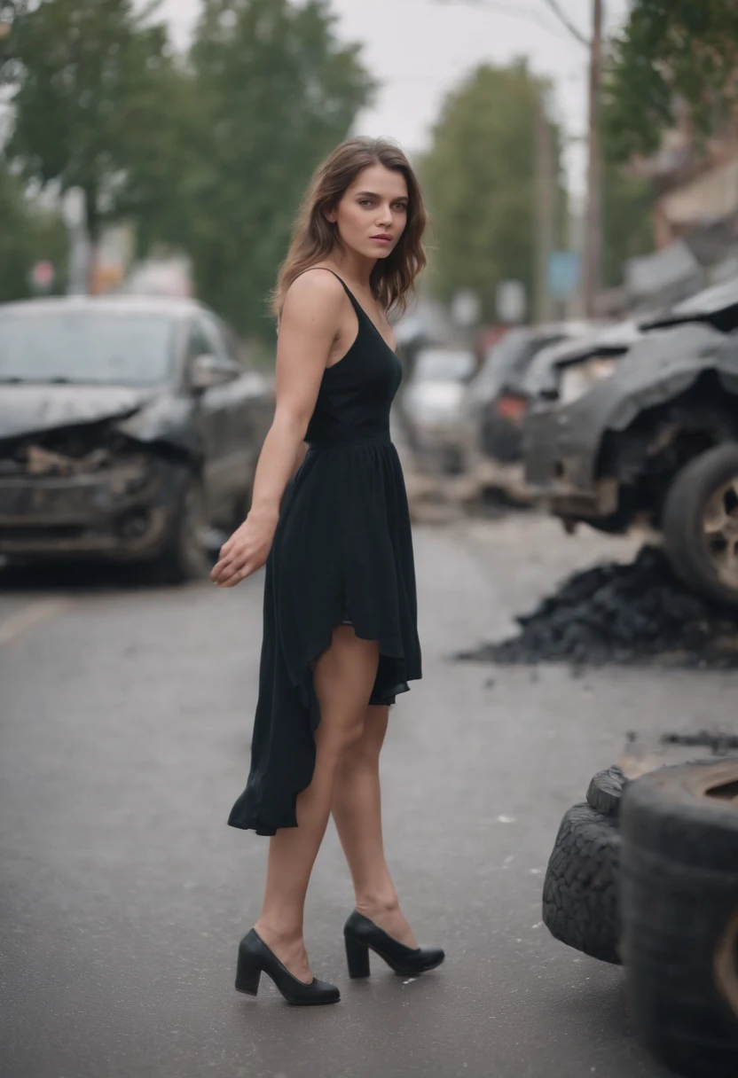 19 year old woman, turned into a giant, stomping on a tiny city, crushed cars under her feet, toes painted black.