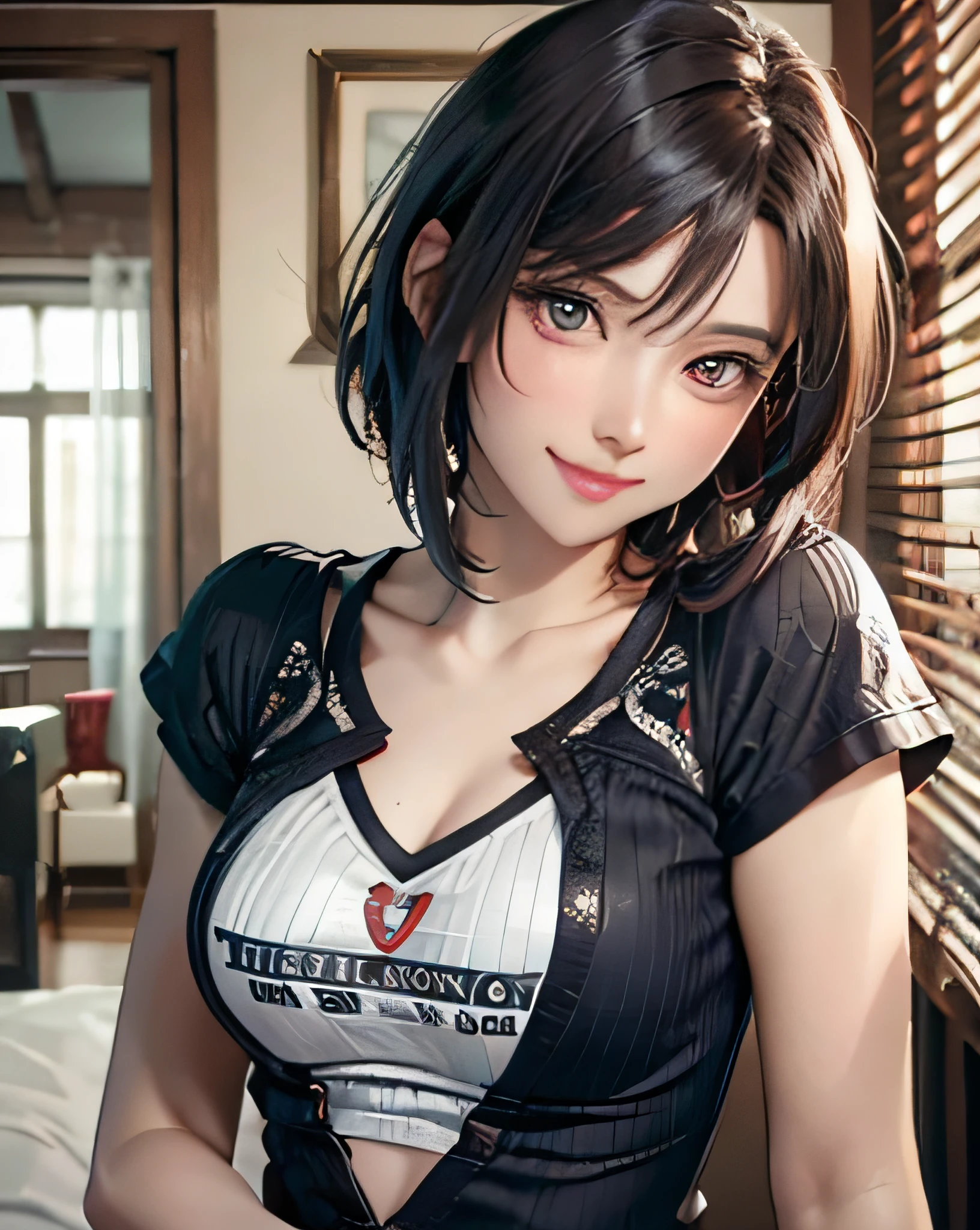 Best Quality, Ultra High Resolution, (Photorealistic: 1.4), Beautiful Eyes, Super Beautiful, Very Short Hair, Beautiful, Sweetheart, T-shirt with Rough Chest, Beautiful Soldier, Eyes That Invite Viewer, Lover's Perspective, Inviting Expression, Sexy Smile, Perfect Style, Perfect Balance, Detailed Skin, Naughty Gaze, Chest Visible