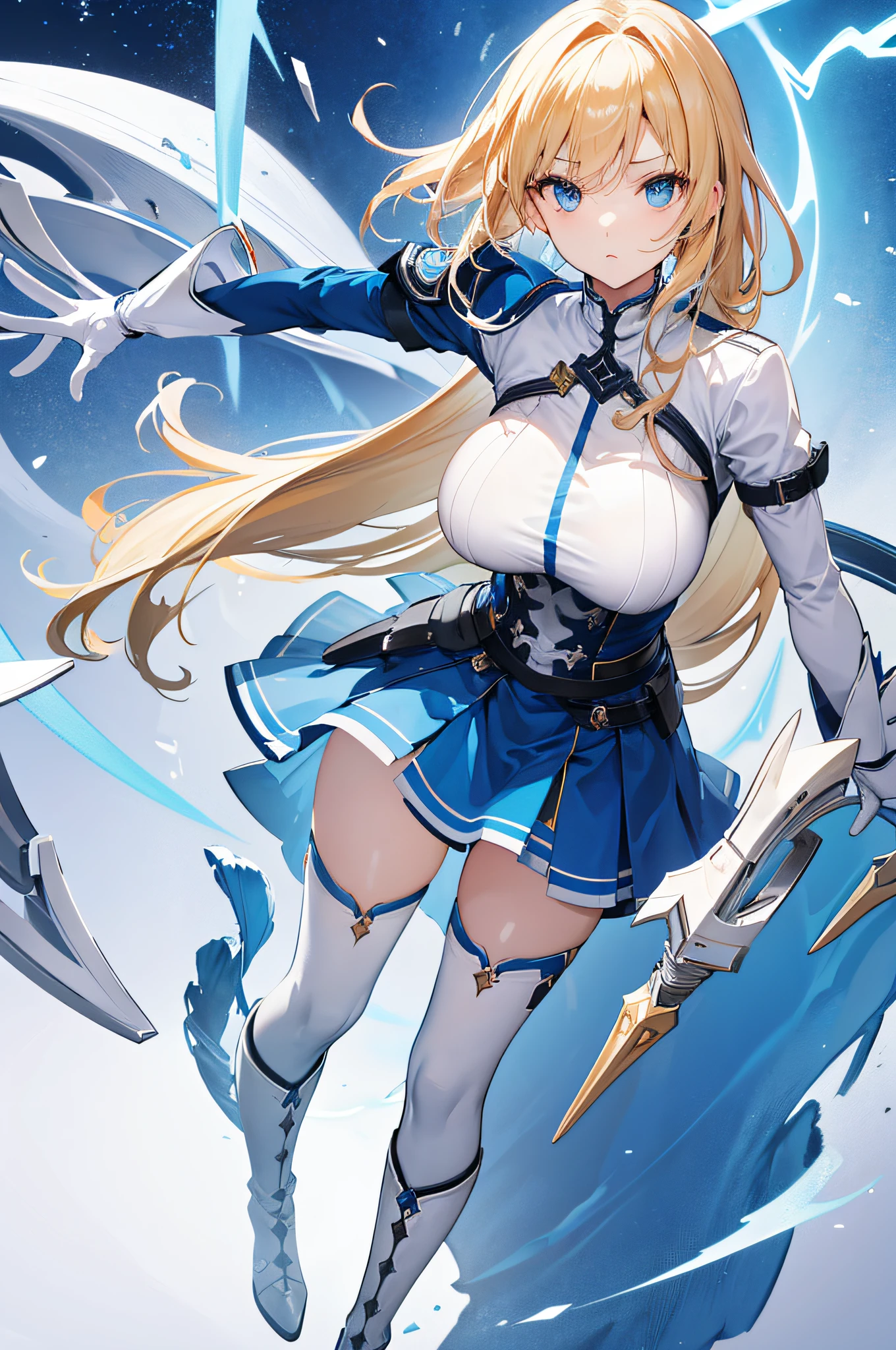 anime girl with long blonde hair and blue eyes posing in front of a blue background, anime goddess, ayaka genshin impact, artoria pendragon, epic light novel art cover, high quality anime art, azur lane style, epic light novel cover art, clean detailed anime art, art of kirokaze pixel, clean anime art, seductive anime girl