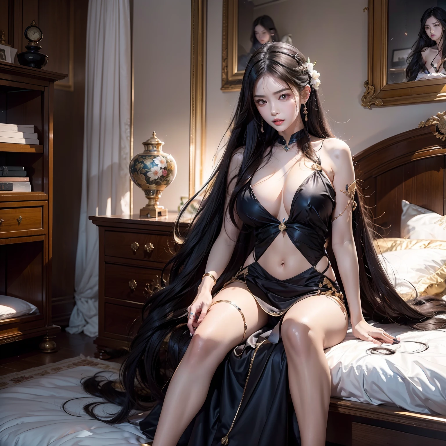 (Top image quality,top-quality,Top resolution,hyper realistic photography,Full body photo,masterpiece,)1 girl、Very long black hair、very large amount of hair、hair length about 3 meters、Head-to-toe photo、Bundles of hair loss that I have collected for more than 20 years are all over the room、My hair removal bunch is more than 1000 bottles、Place on bed、I shaved all my hair、I lost a lot of hair、I went bald、