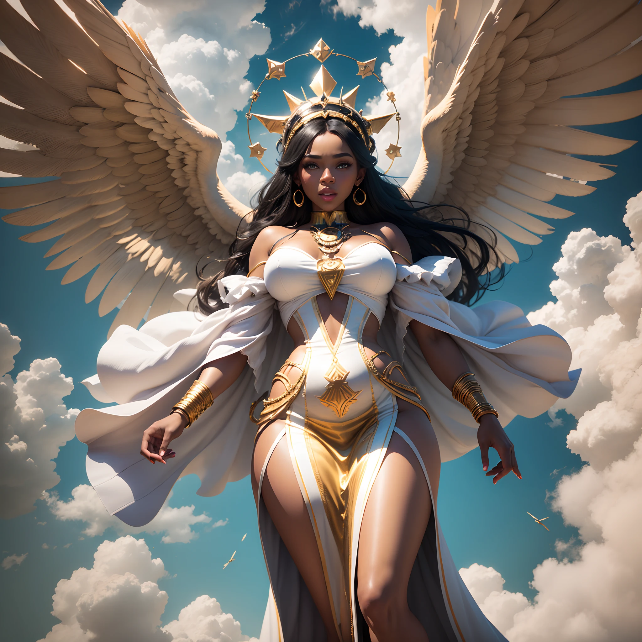 Giant African goddess in the sky among the clouds, surrounded by happy flying black babies in the sky, white scene full of white and golden furniture, bright and vibrant sunlight shining, with iridescent light, cinematic lighting, artgerm style, 32k, ultra HD, unreal engine rendered, hyper-realistic image, octane 3d rendering --auto --s2