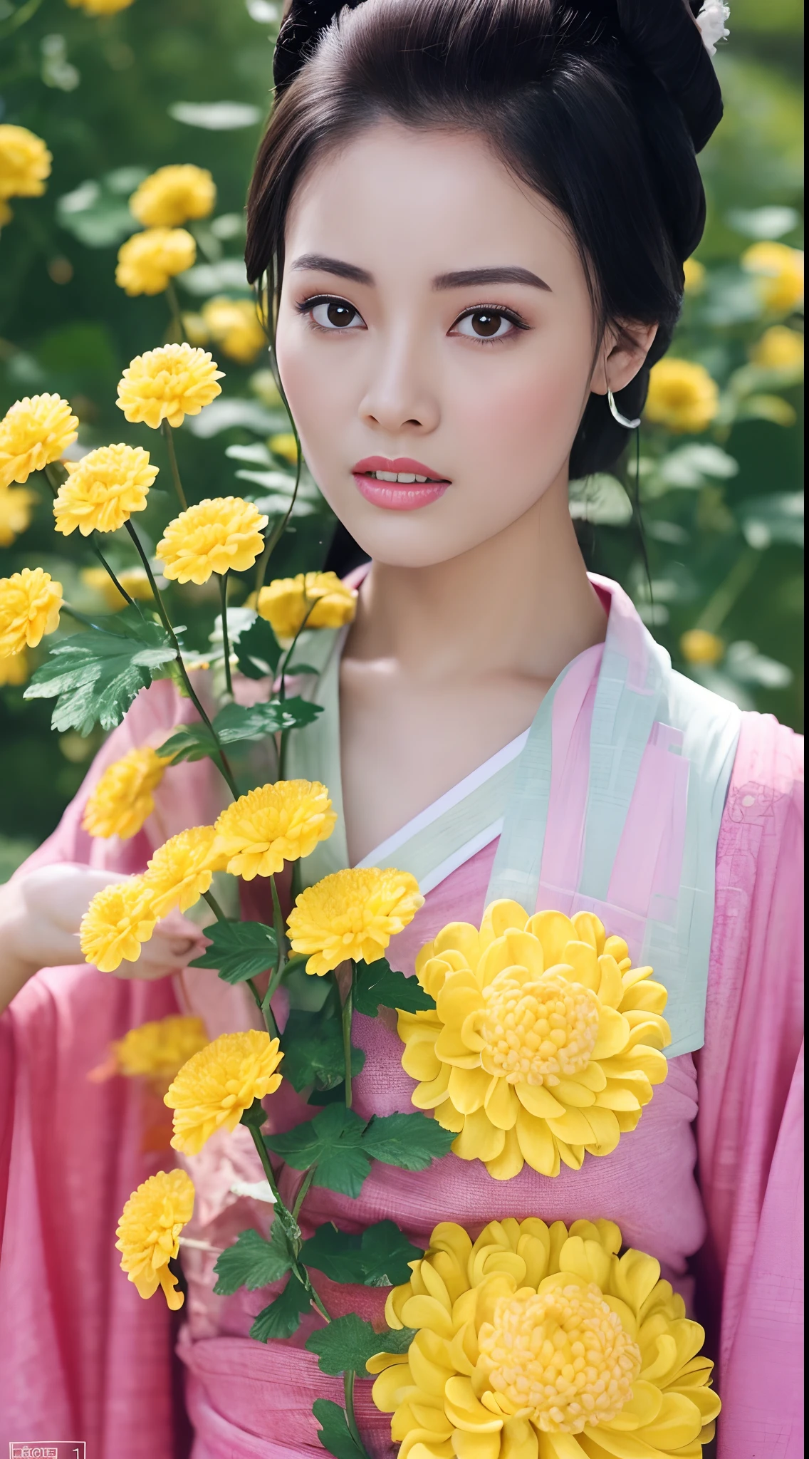 Fashion model 18 years old [[[[closeup cleavage]]]], [[[[boobgasm]]]], [[[[coll]]]], [[[[bshoulders]]]], perfect  eyes, Perfect iris，Perfect lips，perfect teeth，Perfect skin，with fair skin，hdr，Movie girl，Pink ancient Chinese clothing，A delicate face，exteriors，(((Yellow chrysanthemum))),4K Ultra HD, 超高分辨率, (Photorealistic: 1.4), Best quality，Masterpiece，Utra dilution，（pastel colour：1.2）