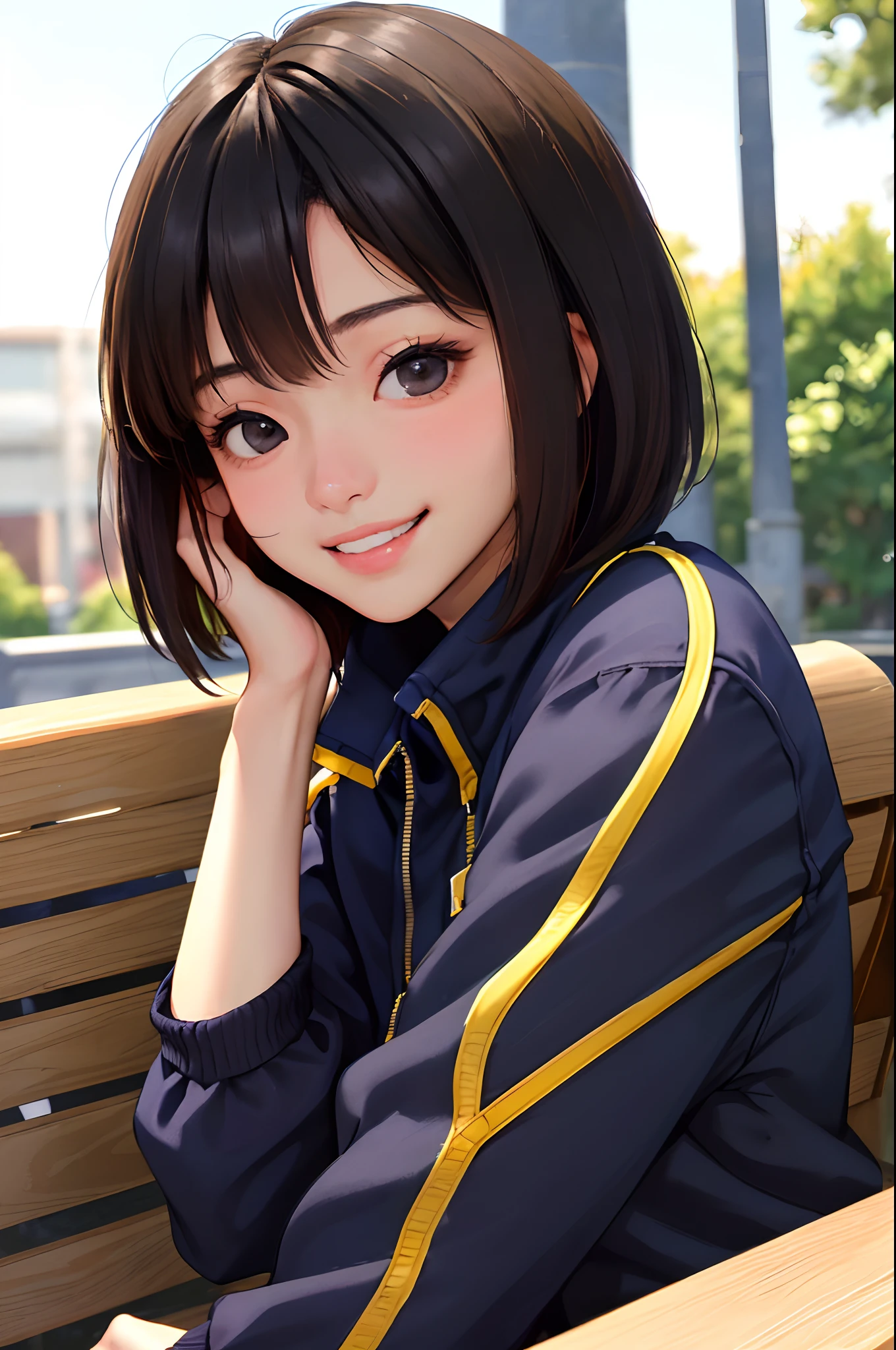 masterpiece, best quality, 1girl, solo, K-NANAMI, ((20yo, japanese face, japanese Actress)), short hair, black hair, black eyes, blue jacket, black gym-wear, (No expression), sitting, outdoors, sitting on a bench, ((upper body, face focus, face close-up)), smile, teeth,