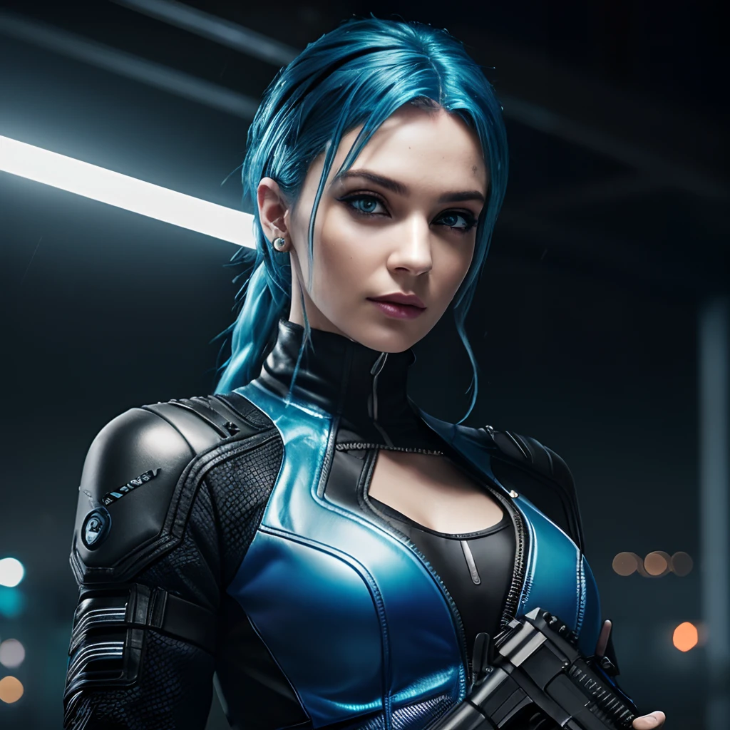 complex 3d render ultra detailed of a beautiful blue_haired hungarian mature woman holding pistol, cyberpunk lighting, rim light, vibrant details, cyberpunk,1girl, cyberpunk_hair, sidecut, earring,tactical cyber catsuit, sidecut, tactical vest, combat gear, tactical gear, covered_navel, gradient, gradient_background, medium_breasts, science_fiction, skin_tight, solo, hold weapon, ((dark make-up, eyeliner, pale)), staring at camera, smirk, arrogant, light smile, realistic pistol, (dark rainy cyberpunk city background), wet hair, rain effect, oily skin, small cuts in face, wet, rain, real pistol, detailed pistol,4 fingers, ((heavy rain)),, ,<lora:epiNoiseoffset_v2:0.7>, rim lighting, sharp focus, low key, dim light,