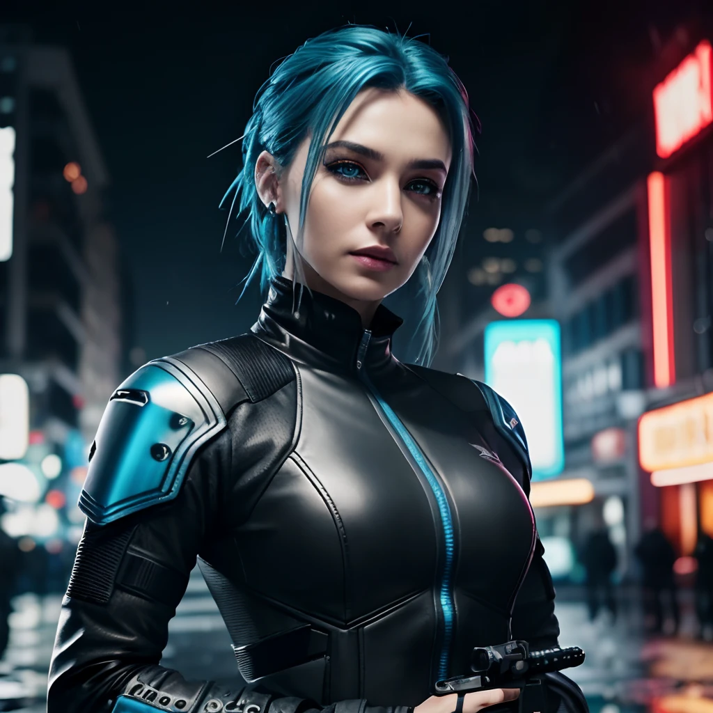complex 3d render ultra detailed of a beautiful blue_haired hungarian mature woman holding pistol, cyberpunk lighting, rim light, vibrant details, cyberpunk,1girl, cyberpunk_hair, sidecut, earring,tactical cyber catsuit, sidecut, tactical vest, combat gear, tactical gear, covered_navel, gradient, gradient_background, medium_breasts, science_fiction, skin_tight, solo, hold weapon, ((dark make-up, eyeliner, pale)), staring at camera, smirk, arrogant, light smile, realistic pistol, (dark rainy cyberpunk city background), wet hair, rain effect, oily skin, small cuts in face, wet, rain, real pistol, detailed pistol,4 fingers, ((heavy rain)),, ,rim lighting, sharp focus, low key, dim light,