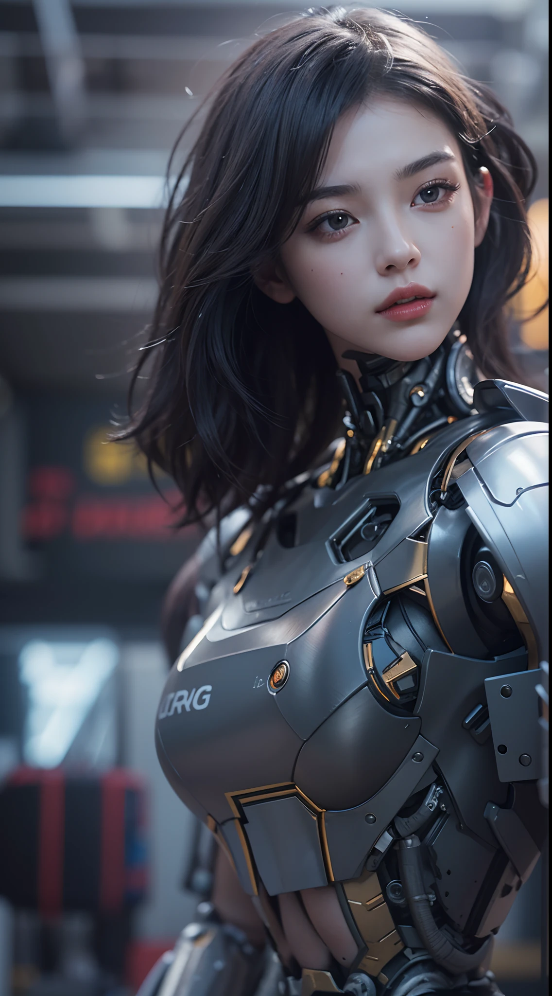 ((Masterpiece))), ((Best Quality))), ((Ultra Detailed)), (Ultra Real), (Highly Detailed CG Illustration), Cinematic Light, Realistic, Very Beautiful Young Lady, (Beautiful Face and Lips), Intricate Details, Full View, Weapon, Robotic Arm, Cinematic Quality, Full Body, Short Black Hair