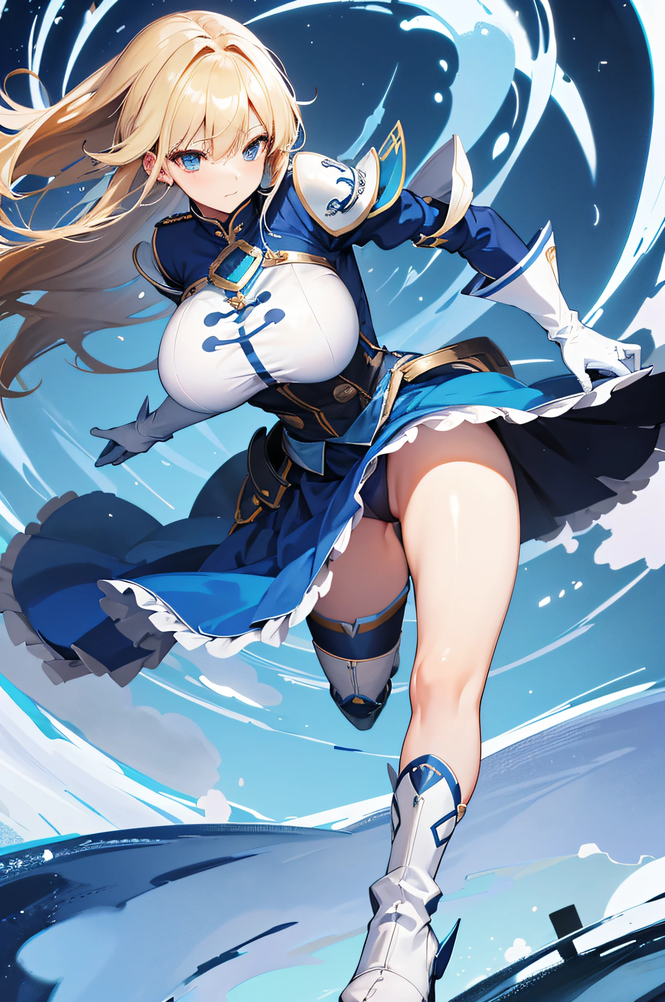 4k,hight resolution,One Woman,a blond,Longhaire,big breasts,The brave,Blue Hero Clothing,Blue skirt,Long white boots,Long white gloves,Excalibur