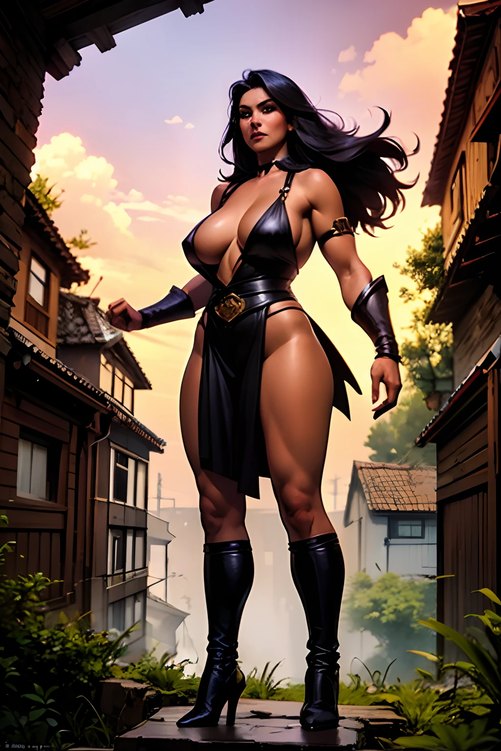 (SFW)Arte no estilo John Buscema,1Beautiful superheroine with long black hair, olhos claros, enormes asas brancas nas costas, middlebreasts, cintura delgada, usando uma armadura de Amazona grega estilizada e moderna, cena de corpo inteiro, Standing on top of a pillar of an ancient ruin.