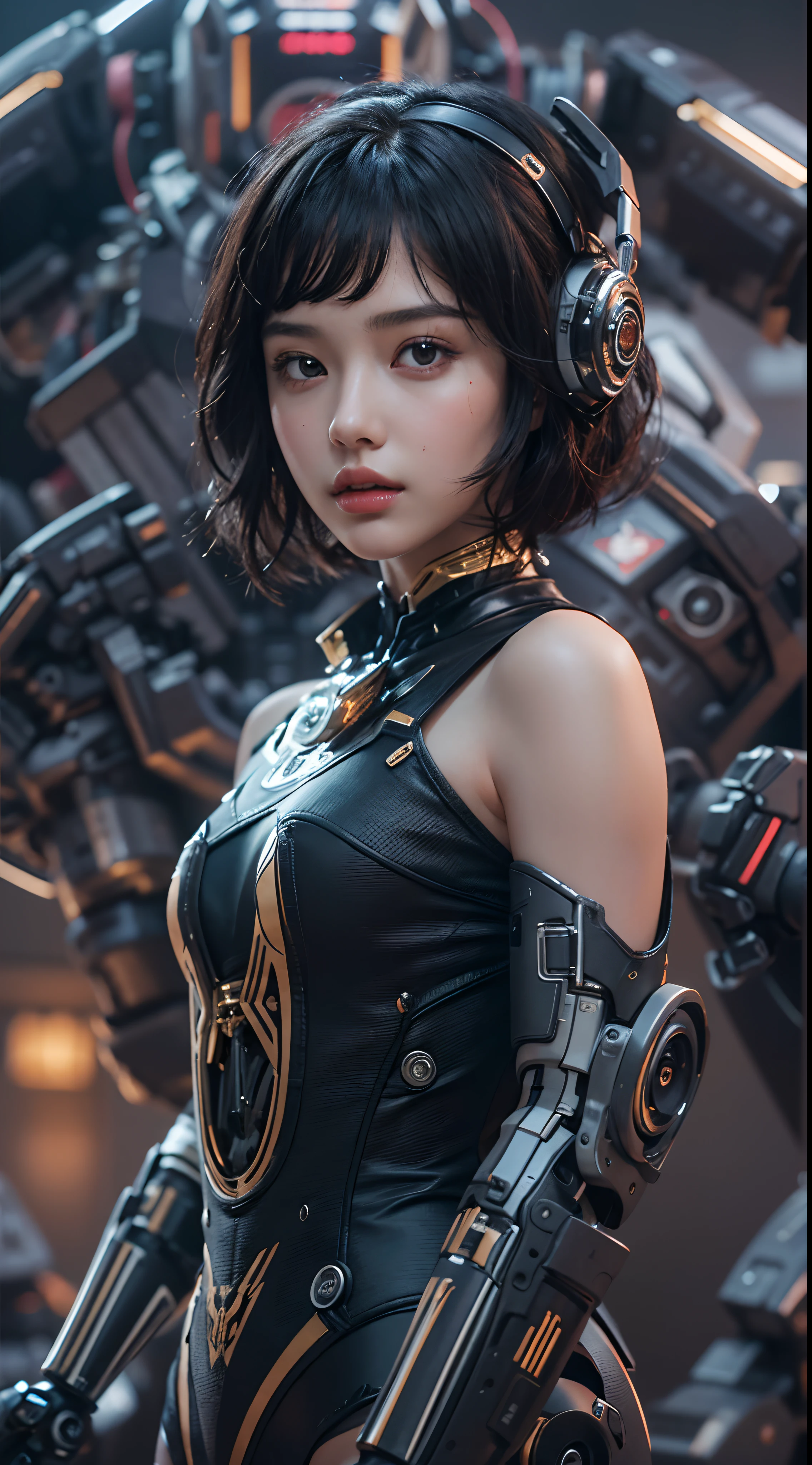 ((Masterpiece))), ((Best Quality))), ((Ultra Detailed)), (Ultra Real), (Highly Detailed CG Illustration), Cinematic Light, Realistic, Very Beautiful Young Lady, (Beautiful Face and Lips), Intricate Details, Full View, Weapon, Robotic Arm, Cinematic Quality, Full Body, Short Black Hair