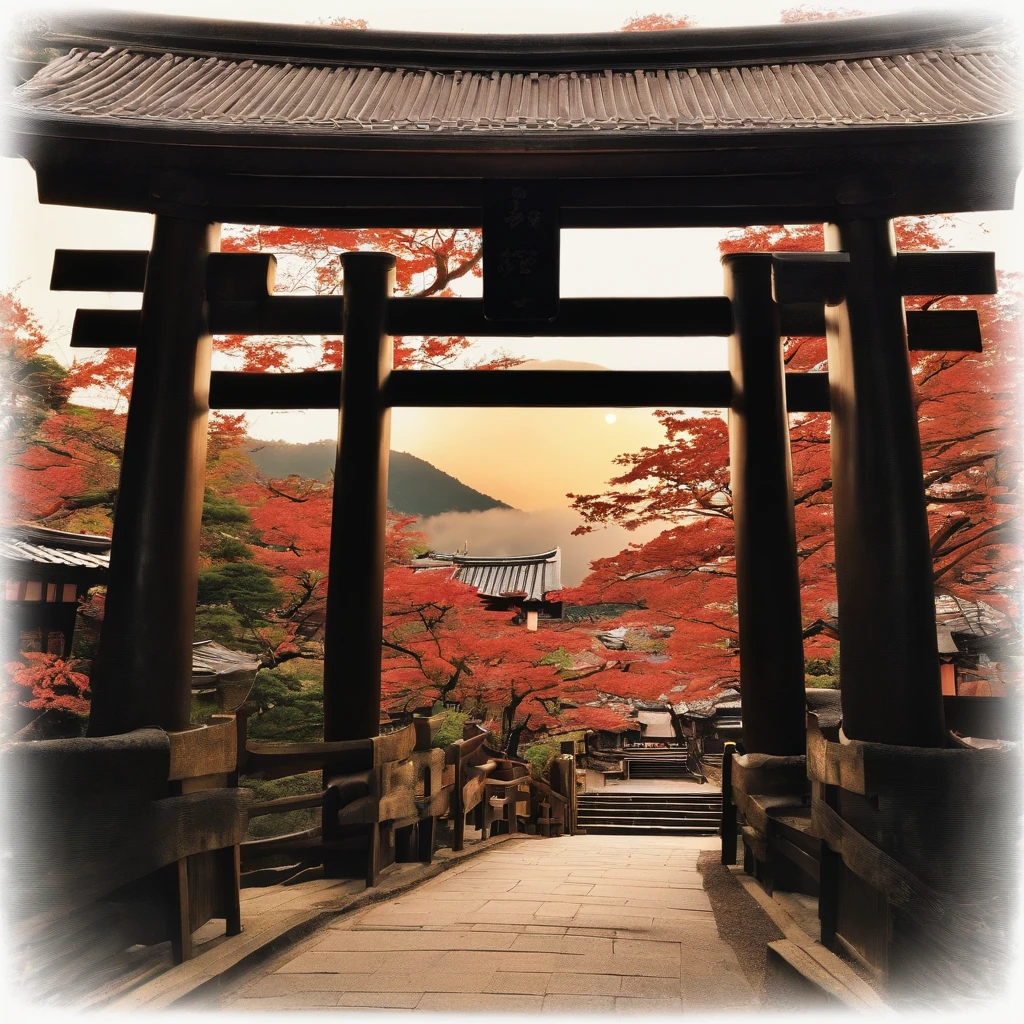There is a staircase at the back of the old streets of Kyoto.、You can see the torii gate on it, There is a shrine further back..In addition, you can see a large full moon.
