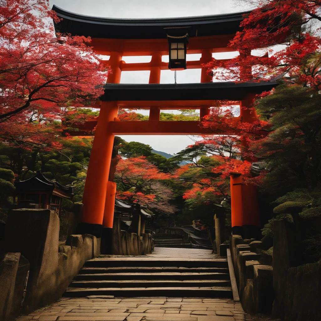 There is a staircase at the back of the old streets of Kyoto.、You can see the torii gate on it, There is a shrine further back..In addition, you can see a large full moon.