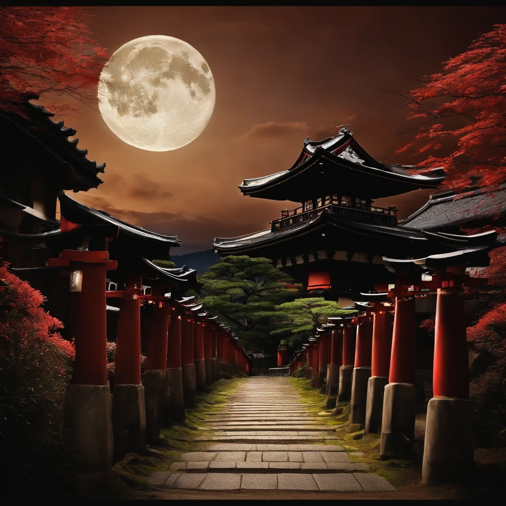 There is a staircase at the back of the old streets of Kyoto.、You can see the torii gate on it, There is a shrine further back..In addition, you can see a large full moon.