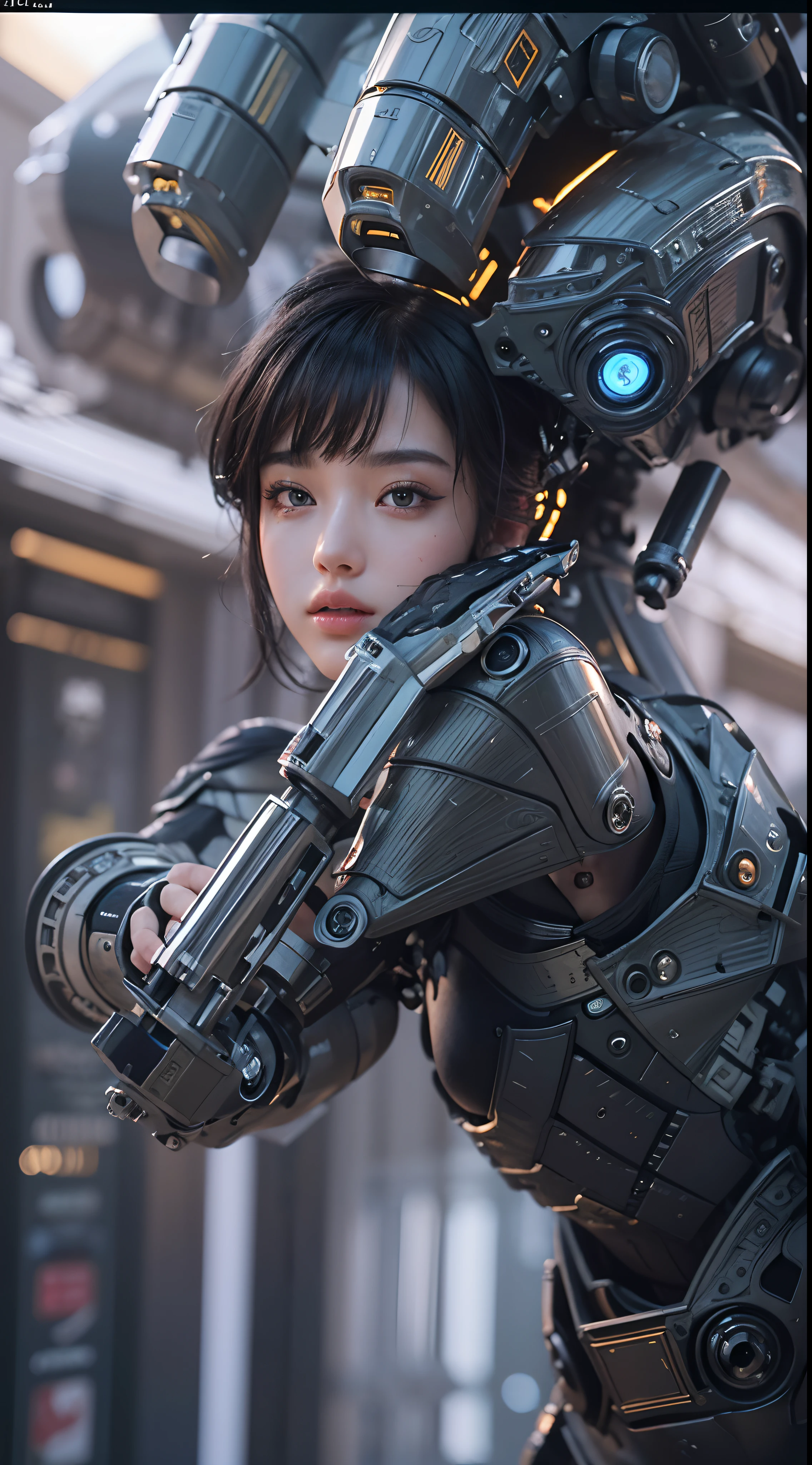 ((Masterpiece))), ((Best Quality))), ((Ultra Detailed)), (Ultra Real), (Highly Detailed CG Illustration), Cinematic Light, Realistic, Very Beautiful Young Lady, (Beautiful Face and Lips), Intricate Details, Full View, Weapon, Robotic Arm, Cinematic Quality, Full Body, Short Black Hair