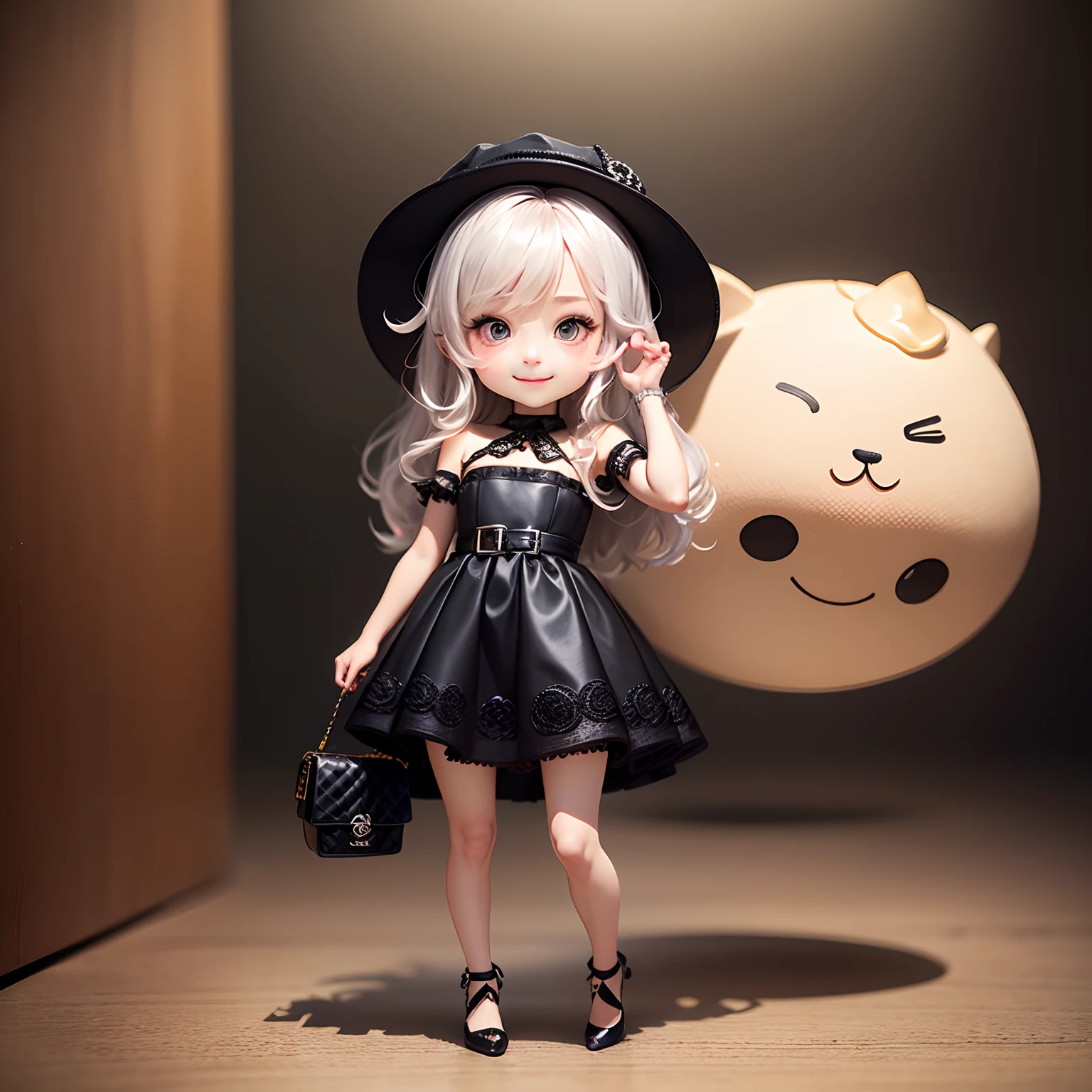 masterpiece、top-quality、ultra-detailliert、(Chibi Chara's Daughter:1.2)、brown long-haired、Black capelin hat with brim、Mini dress with silver glitter、Black pumps、Black Chanel Bag、Full-body standing figure、A smile、Solo、Background is an exhibition of new Chanel dresses and bags