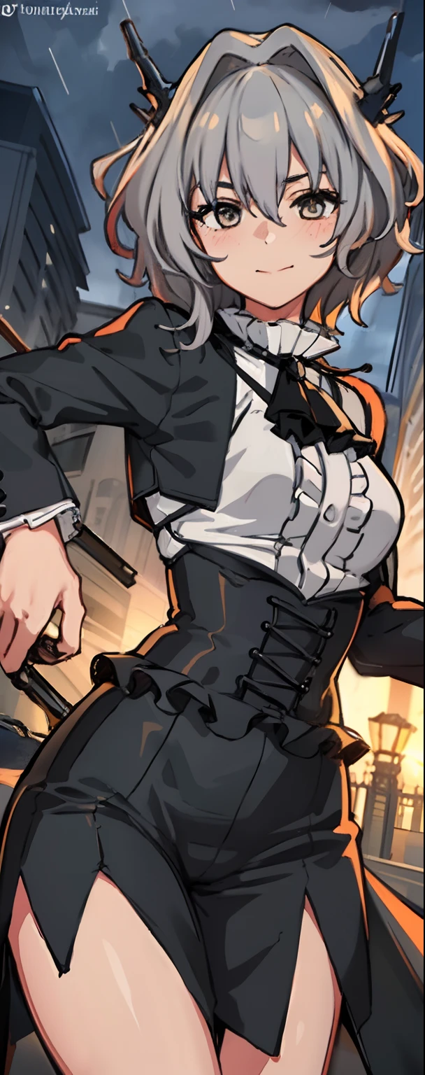 (8K, Top quality, Masterpiece: 1.2), (Realistic, Photorealistic: 1.37), Super detailed, Girl 1 person, , Solo, Small breasts, Beautiful detailed sky, Detailed café, Night, (Blush), (Smile: 1.15), (Closed mouth), small, (Shirt with collar: 1.1), Night, Wet, office clothes, rain, White lace, (Short hair: 1.2), Floating hair NovaFrogStyle, Random sexy pose,