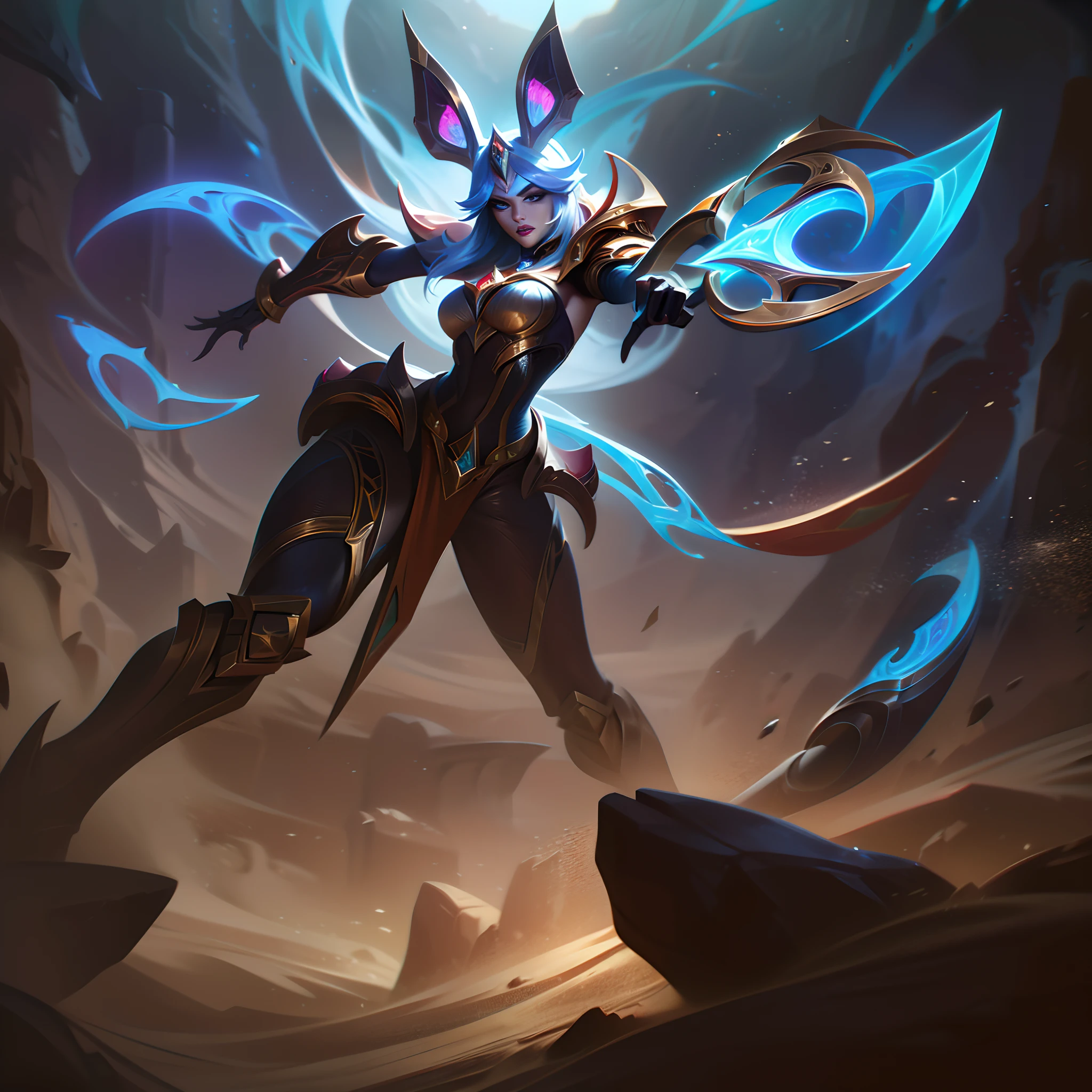 Sands of the Desert: A striking artwork depicting Thakysha, the Desert Bunny, a champion from League of Legends. This digital illustration showcases her in a dynamic pose, wielding her massive sword with confidence. The art style draws inspiration from steampunk aesthetics, blending mechanical elements with the desert theme. Thakysha is surrounded by swirling sandstorms, creating a dramatic atmosphere. The image should have a painterly style, combining bold brushstrokes with intricate details. The camera angle is slightly tilted, adding a sense of action and movement. Rendered with vibrant colors and textures, this artwork will capture the attention of League of Legends fans and art enthusiasts alike. Resolution: 4K. Art inspirations: Check out ArtStation for League of Legends fan art or steampunk-inspired illustrations.