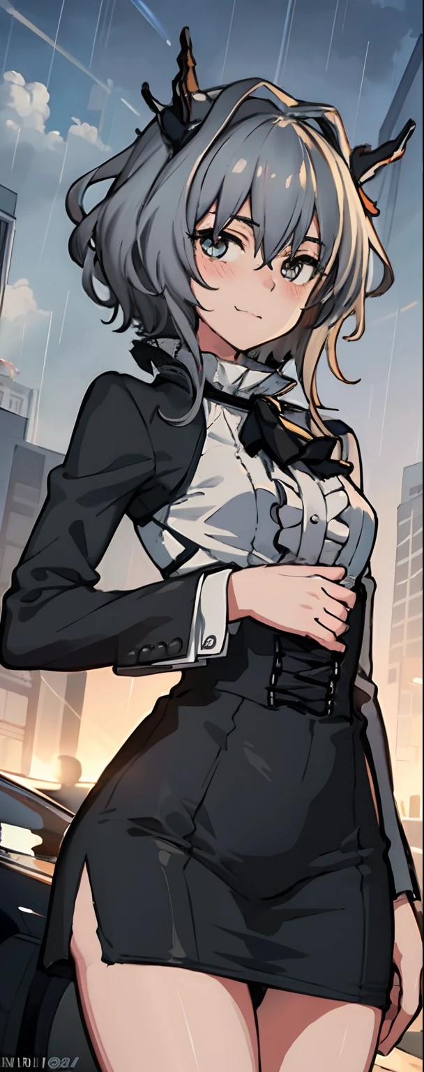 (8K, Top quality, Masterpiece: 1.2), (Realistic, Photorealistic: 1.37), Super detailed, Girl 1 person, ************, Solo, Small breasts, Beautiful detailed sky, Detailed café, Night, (Blush), (Smile: 1.15), (Closed mouth), small, (Shirt with collar: 1.1), Night, Wet, office clothes, rain, White lace, (Short hair: 1.2), Floating hair NovaFrogStyle, Random sexy pose,