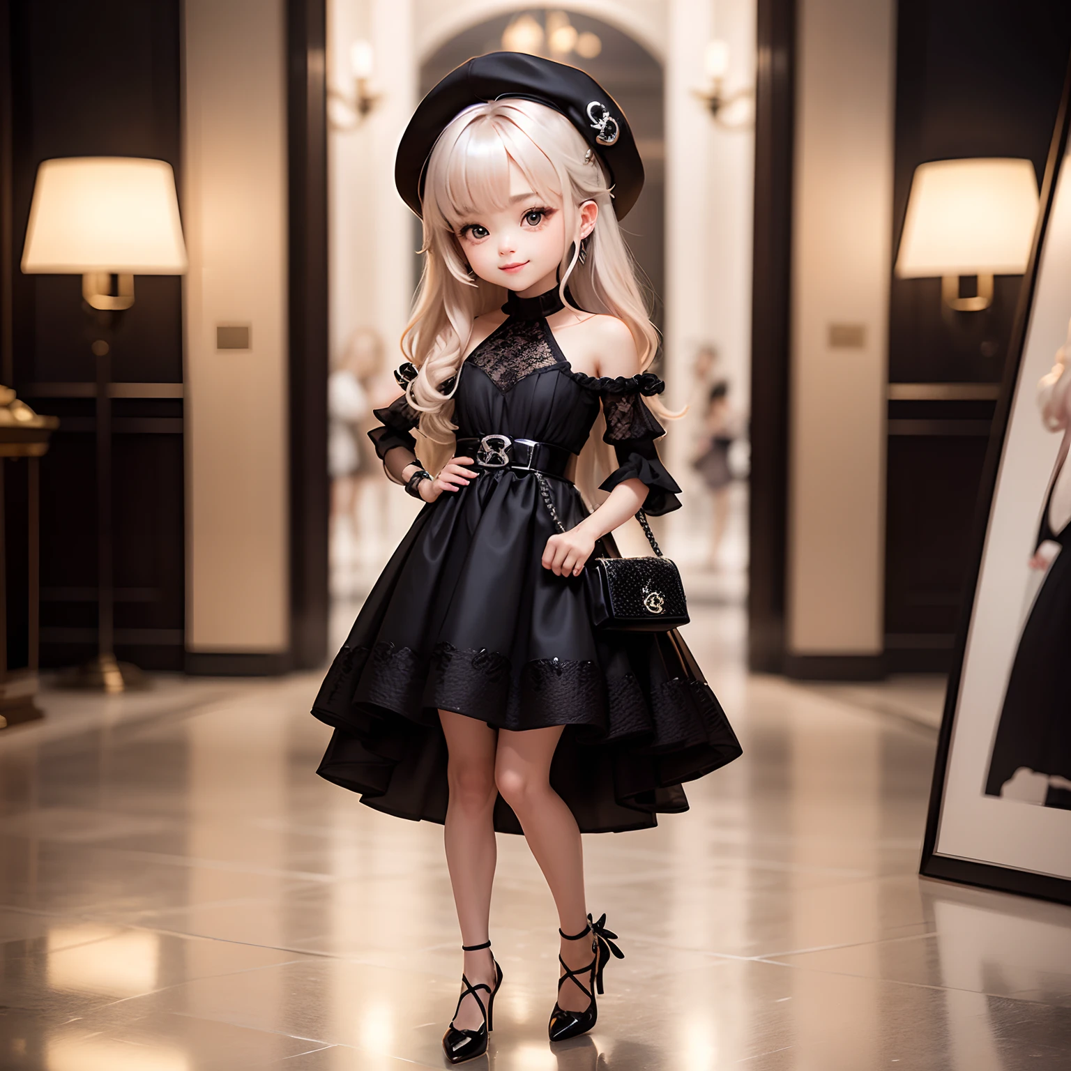 masterpiece、top-quality、ultra-detailliert、(Chibi Chara's Daughter:1.2)、brown long-haired、Black capelin hat with brim、Mini dress with silver glitter、Black pumps、Black Chanel Bag、Full-body standing figure、A smile、Solo、The background is a display of new Chanel dresses and bags