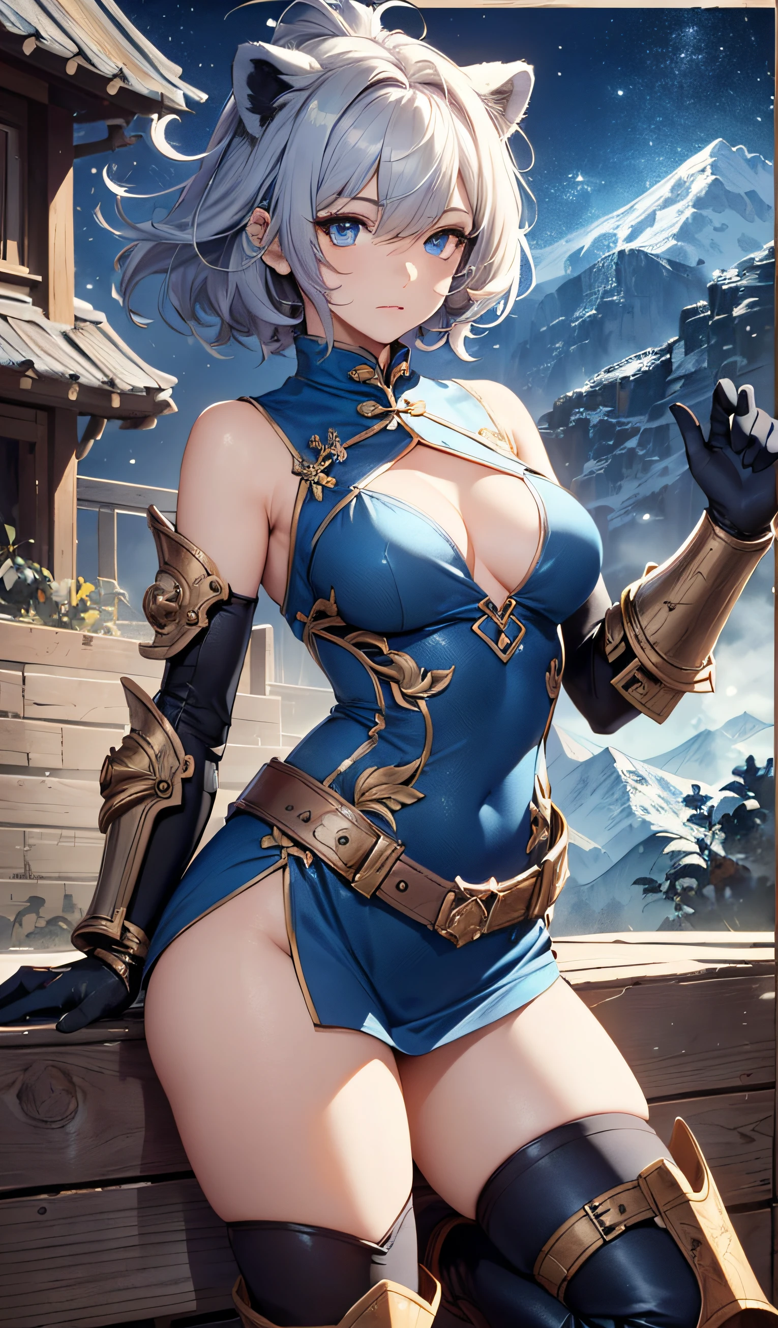 Beautiful detailed girl, Clear and beautiful, Personality as the main point of view, radiant skin, girls, femele, young, 20yo, bobbed hair, Short Cut, ((Short boots, Knee and ankle mid-height boots)), beautiful detail, cold face, cold expression, beautiful-detailed eyes, Blue Eyes, Small breasts, tiny boobs, blue eyess, Full-fledged skin texture, Very good 8KCG wallpapers, very fine 8K CG wallpaper, watercolor (medium), female warrior, purple color hair, Hair color RGB value 863c91, (((Full-body cut))), cat ear, , moonlit night, (((Dark Night, deep night))) (((Natural background, mountains, wood))), ((plein air)), short-hair, beautiful detail glass hair, ((Chinese costumes, Costumes with indigo as the base color, Iron protective armor cover in the shape of a lion's face on the chest, Chest lion face shape sculpture protector, Indigo ironclad shoulder guard, Ironclad wrist and back guards , Protector under Chinese style, Waistband black, A large iron ornament in the middle of the waistband, The front covering of the bottom is a grey cloth, Two layers of side coverings, Lateral shield iron scales, Indigo knee brace, Knee-length ironclad boots, Ironclad boots,
