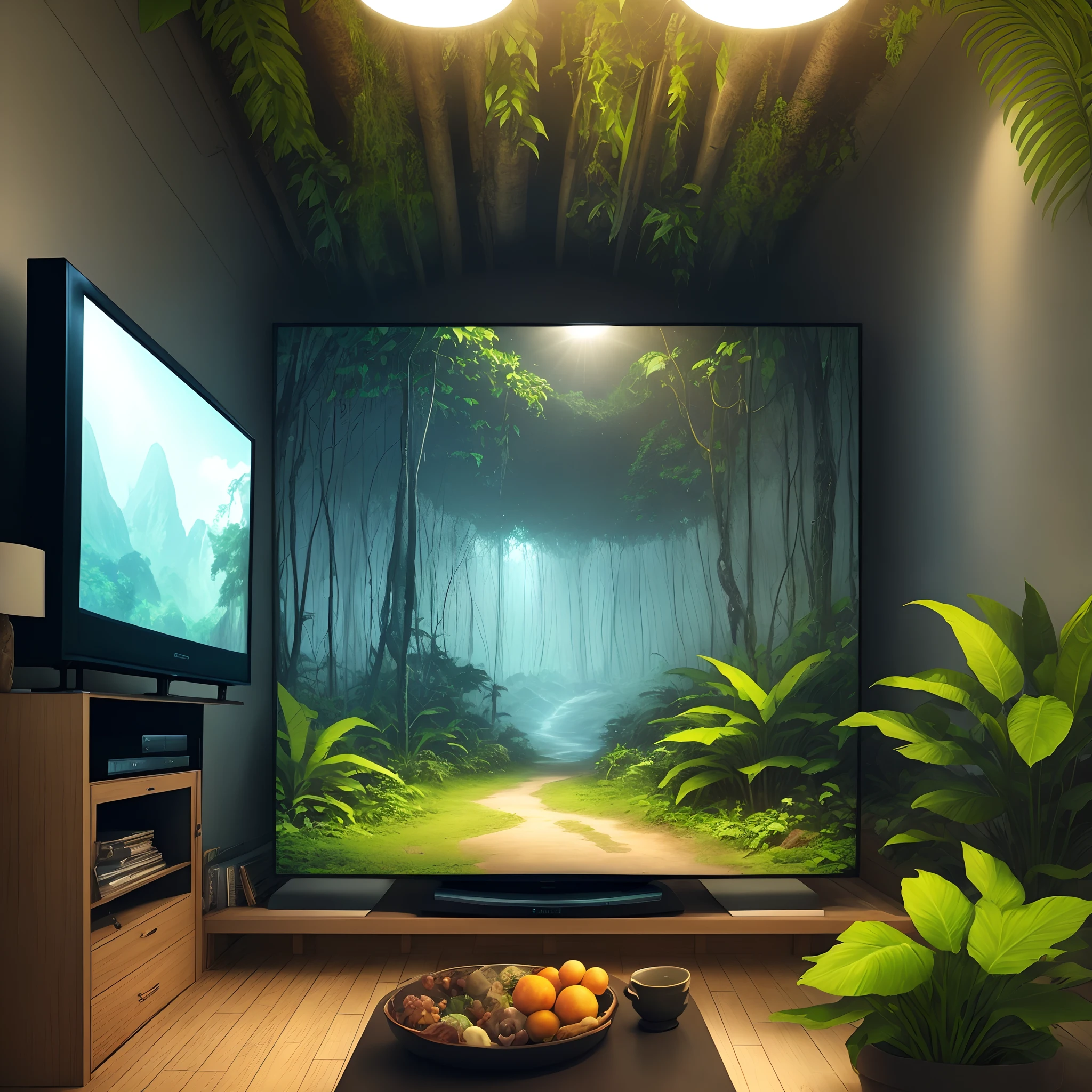 A jungle with a tv screen kf a jungle