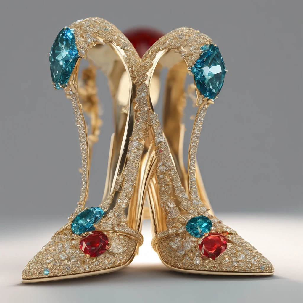 A luxurious yellow gold heel set with blue, red and emerald sparkling diamonds.Close up,((Best quality,4K,8K,A high resolution,Masterpiece:1.2)),((super ultra detail)),((Realistic,Photorealistic,photo-realistic:1.37))