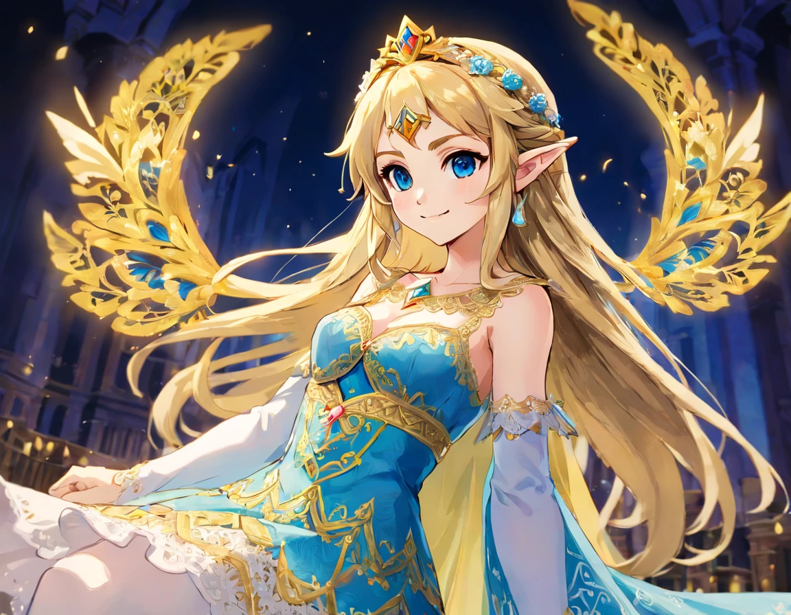 masterpiece, best quality, extremely detailed, anime, masterpiece, best quality, extremely detailed, anime,night, elf,milf,gigantic breasts,{{{{{princess zelda}}}}},blonde hair,blue eyes, long hair, colorful ,Decoration,patterns,Flowers,{Full Laces dress},lace,finely detailed Embroidery,{{{finely detailed Leaver lace}}},Crochet,Silk,Organza,cloak,{{{fluttering cloak}}}, light particle, smile,