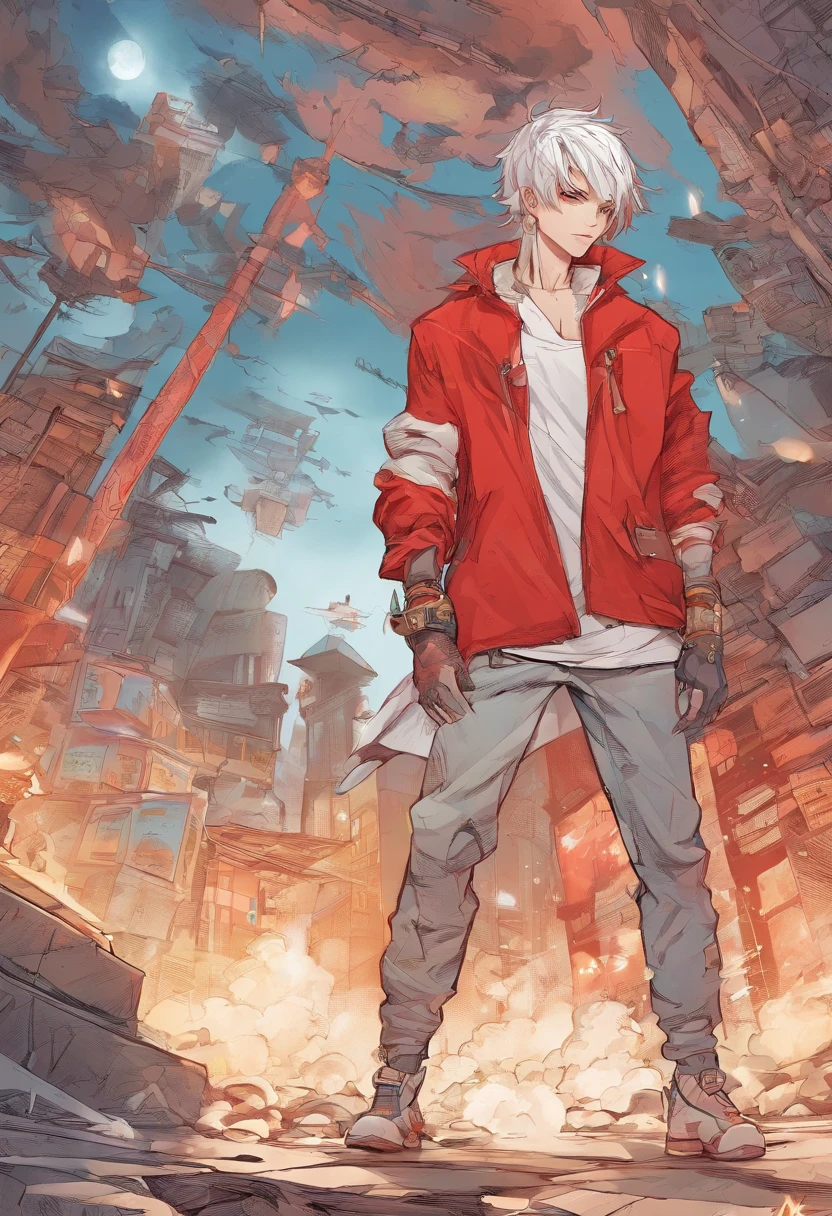 American comics, the comic story is presented in multiple irregular panels with color. The American Shorthair cat goes through hardships while running away from home and then reunites with its owner. The style is exaggerated and detailed, Anime boy,Asura,white hair,short spiky hair,wearing white outfit,makrings all over the body,red Aura, destroyed ground,red outlines on the body, perfect hands,close up shot, muscular athletic body, serious face,mantra,highest quality digital art, Stunning art, wallpaper 4k,8k,64k, HD, unparalleled masterpiece, dynamic lighting, cinematic, epic