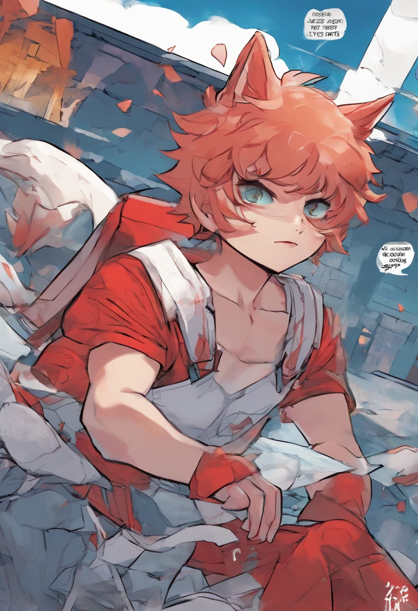 American comics, the comic story is presented in multiple irregular panels with color. The American Shorthair cat goes through hardships while running away from home and then reunites with its owner. The style is exaggerated and detailed, Anime boy,Asura,white hair,short spiky hair,wearing white outfit,makrings all over the body,red Aura, destroyed ground,red outlines on the body, perfect hands,close up shot, muscular athletic body, serious face,mantra,highest quality digital art, Stunning art, wallpaper 4k,8k,64k, HD, unparalleled masterpiece, dynamic lighting, cinematic, epic