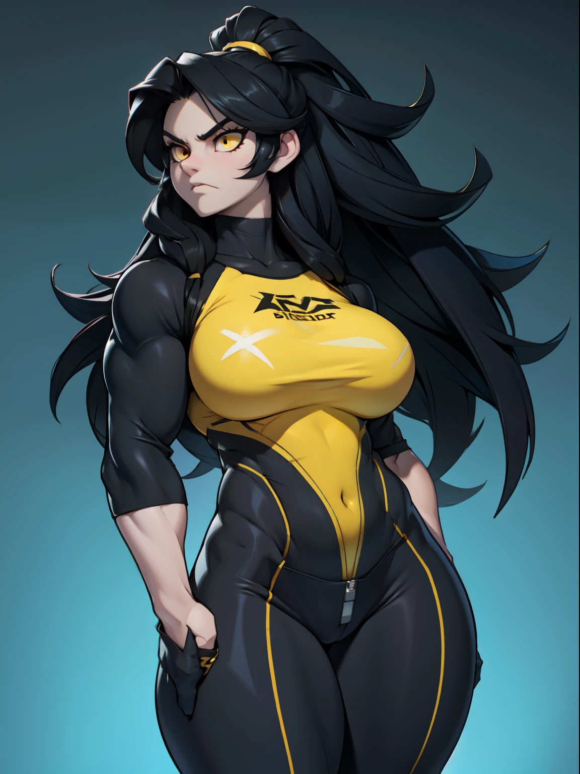 (((muscular))), (thick thighs, small breasts, tight clothes, toned body, 1 girl), black hair, pale skin, yellow eyes, angry, pussy mound, very long hair