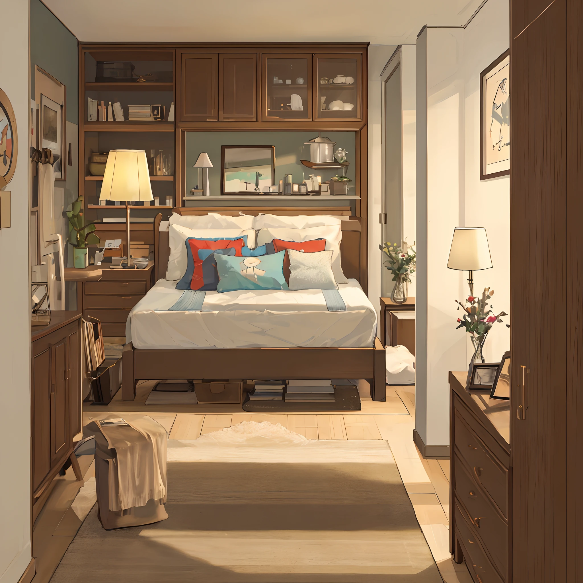 Quarto com cama de casal, cupboard, lamp