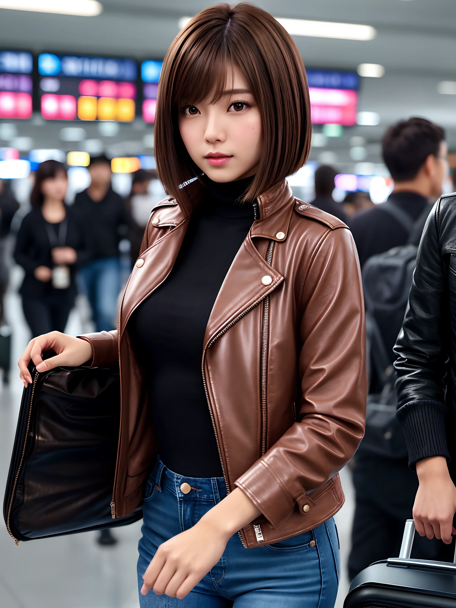 product quality, 1 girl, an upper body shot, front view, a Japanese young pretty girl, medium bob hair, standing in a crowded airport, glamorous figure, a leather jacket, a turtleneck sweater, a long jeans, carrying a suitcase, hyper cute face, glossy lips, double eyelids for both eyes, natural makeup, shiny smooth light brown hair of medium bob, asymmetrical bangs, high resolution, high detailing, detailed hairstyle, detailed face, cinematic lighting, octane rendering, vibrant, hyper realisitic, perfect limbs, perfect anatomy