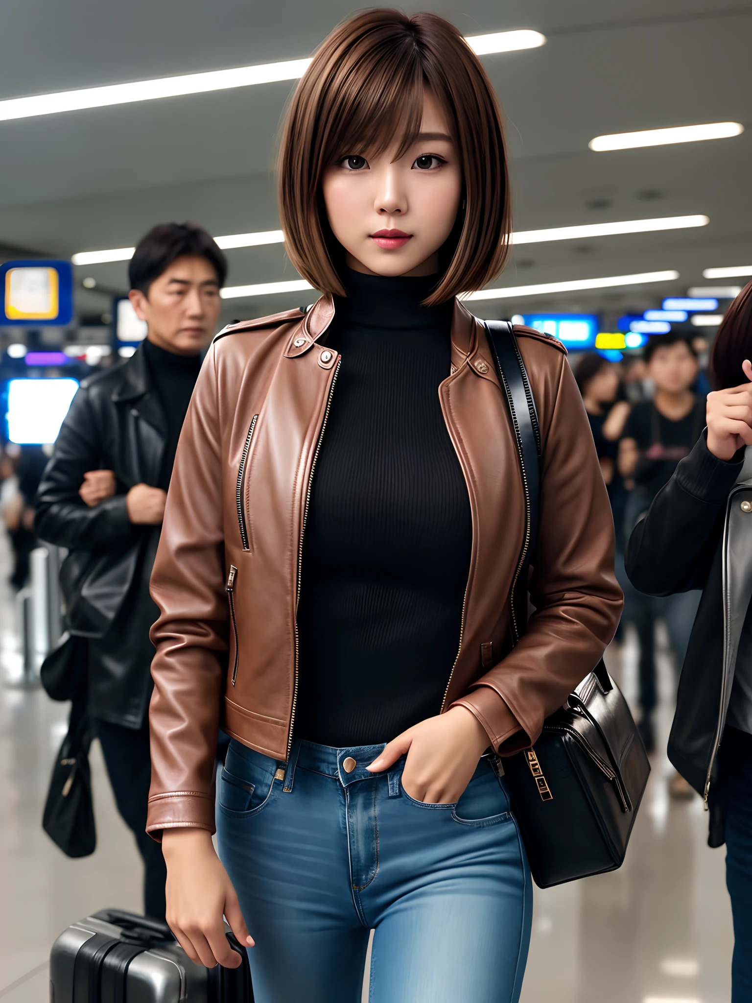 product quality, 1 girl, an upper body shot, front view, a Japanese young pretty girl, medium bob hair, standing in a crowded airport, glamorous figure, a leather jacket, a turtleneck sweater, a long jeans, carrying a suitcase, hyper cute face, glossy lips, double eyelids for both eyes, natural makeup, shiny smooth light brown hair of medium bob, asymmetrical bangs, high resolution, high detailing, detailed hairstyle, detailed face, cinematic lighting, octane rendering, vibrant, hyper realisitic, perfect limbs, perfect anatomy