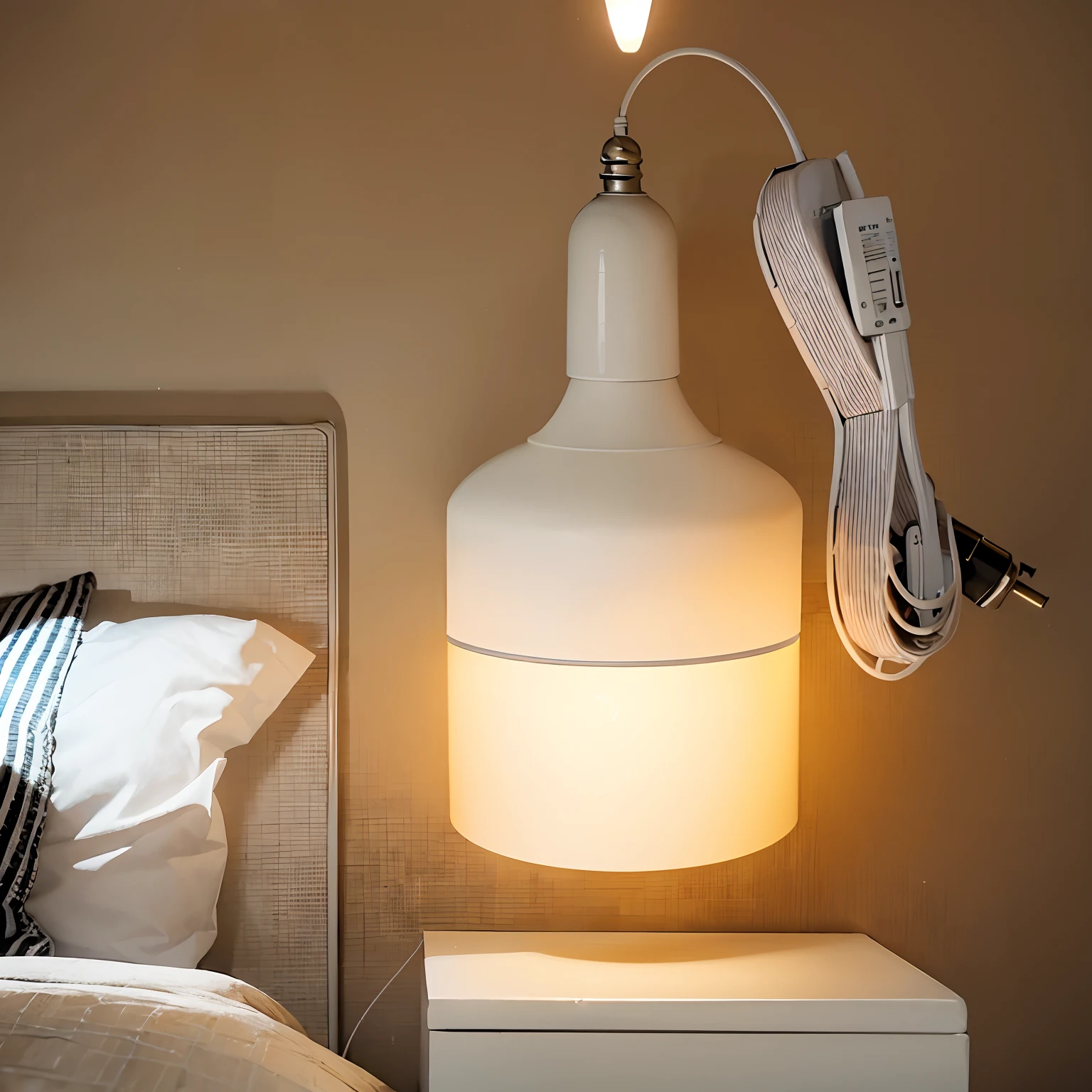 A chandelier hangs on the table next to the bed, indoor dim light, Bulb white light,Shines white light,extremely good quality lighting, led lamps, Indoor lighting, warm bright white light, Comfortable lighting, 5000k white product lighting, bottom angles, full subject shown in photo, b, light fixtures, holding up a night lamp, Excellent lighting, exceptional lighting, well-illuminated