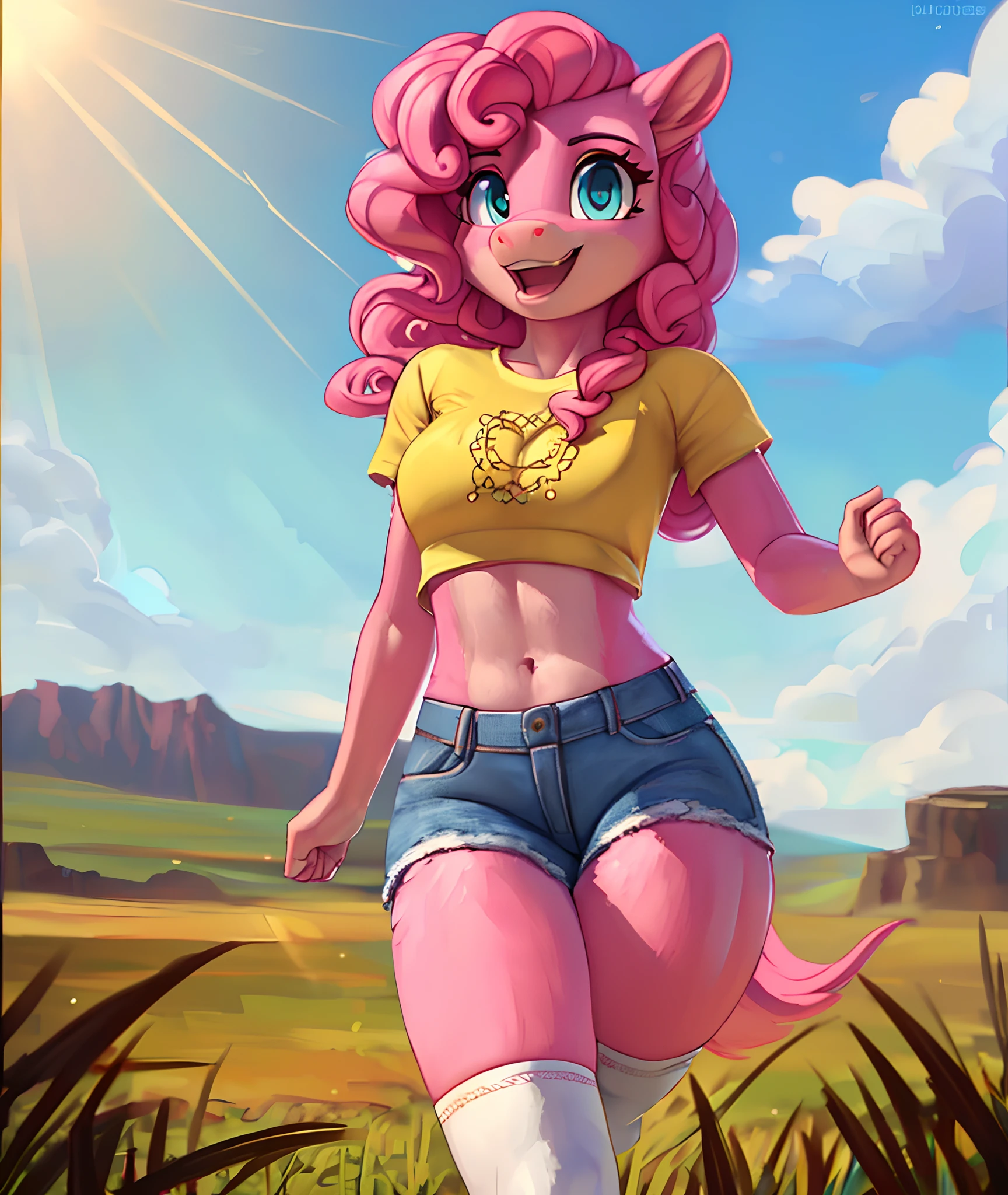 [pinky pie], [Uploaded to e621.net; (siden), (Pixelsketcher), (mayosplash), (wamudraws)], ((masterpiece)), ((HD)), ((high quality)), ((solo portrait)), ((cowboy shot)), ((furry; anthro)), ((detailed fur)), ((detailed shading)), ((beautiful render art)),  ((intricate details)), {anthro horse; (slim female figure), (pink fur), (cute cyan eyes), horse snout, (curly hot-pink hair), (curly hot-pink tail), (small boobs), (gorgeous hips), (excited smile), (mouth open)}, {(yellow tee shirt), (denim short shorts), (white-striped thigh-highs)}, {(running), (looking at viewer)}, [background; (grass plains), (clouds), (blue sky), (sun rays)]