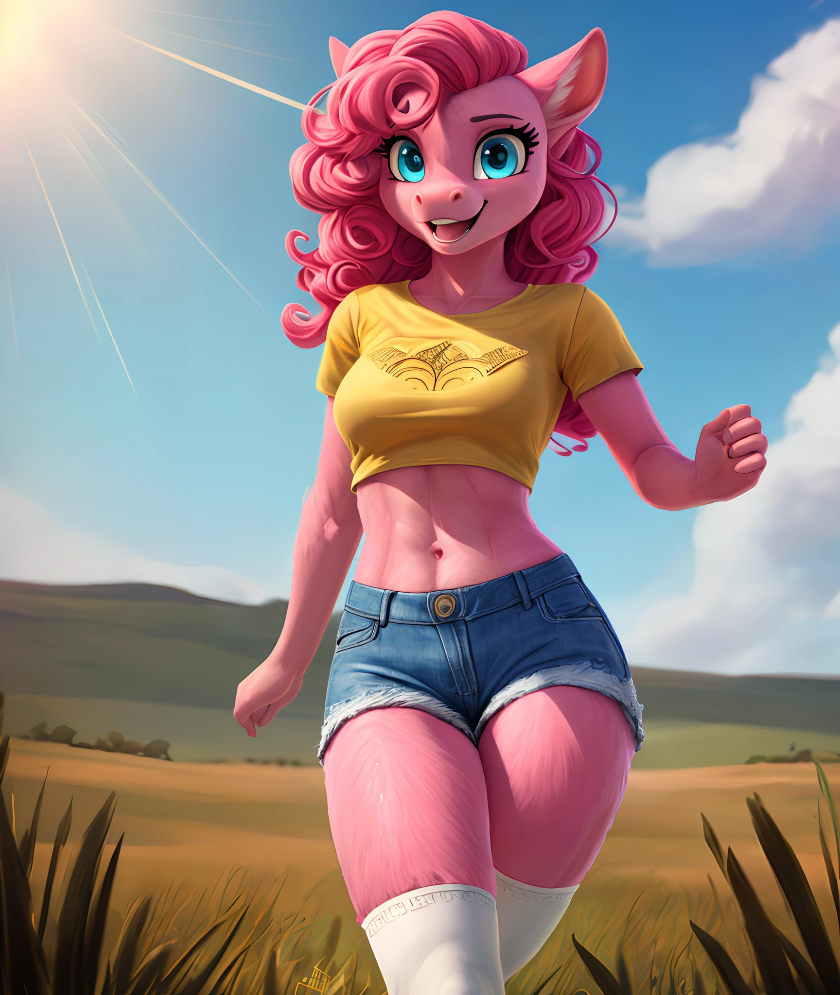 [pinky pie], [Uploaded to e621.net; (siden), (Pixelsketcher), (mayosplash), (wamudraws)], ((masterpiece)), ((HD)), ((high quality)), ((solo portrait)), ((cowboy shot)), ((furry; anthro)), ((detailed fur)), ((detailed shading)), ((beautiful render art)),  ((intricate details)), {anthro horse; (slim female figure), (pink fur), (cute cyan eyes), horse snout, (curly hot-pink hair), (curly hot-pink tail), (small boobs), (gorgeous hips), (excited smile), (mouth open)}, {(yellow tee shirt), (denim short shorts), (white-striped thigh-highs)}, {(running), (looking at viewer)}, [background; (grass plains), (clouds), (blue sky), (sun rays)]