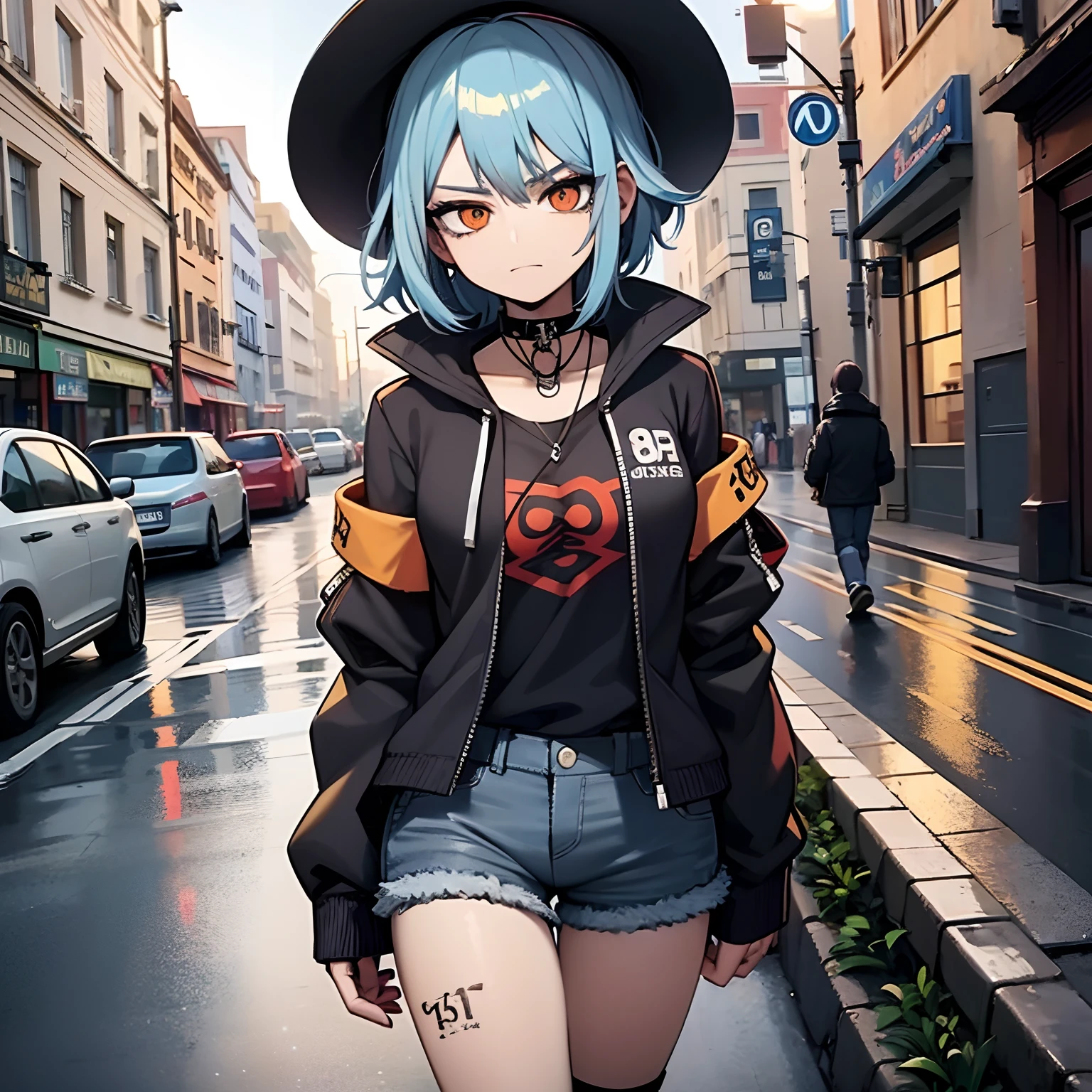 Anime girl with blue hair and a black hat walking down a street in Europe, black top, jeans shrt, tattoed legs, collar on the neck,estilo anime 4K, estilo anime. 8k, Garota de anime cyberpunk com capuz, Melhor Anime 4K Konachan Wallpaper, Anime Art Wallpaper 8K, Papel de parede anime 4k, badass anime 8 k, Anime Wallpaper 4k, 4k anime wallpapers, Anime Art Wallpaper 4K