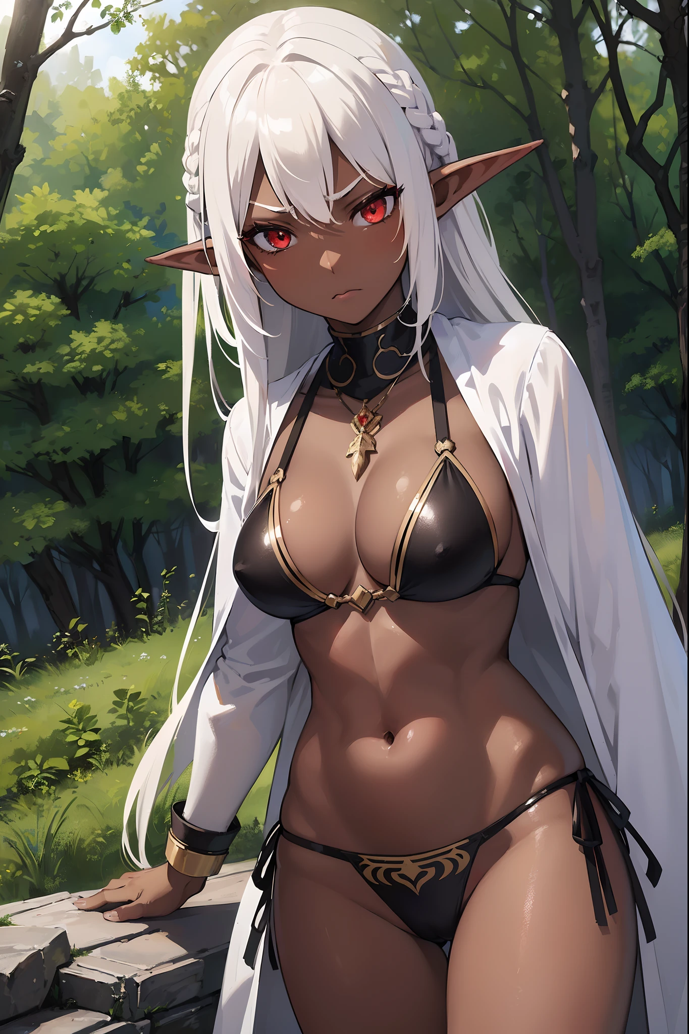 (Photorealistic:1.4), (masutepiece, side lights, finely detailed beautiful eye: 1.2), masutepiece*Portrait, Realistic, 1 girl, 3D Face, Glowing eyes, Shiny hair, Lustrous skin, Red Eyes, White hair, Long braided hair, (((Dark skin, Dark-skinned elves, Dark Elves))), Sexy bikini armor, Plate Armor Bhikni, In the forest, ((Although still wearing bikini armor、seminude, Armored but half , Showing)) (angry expressions, Irritated), closeup view, Viewer Perspective , Looking at Viewer nsfw