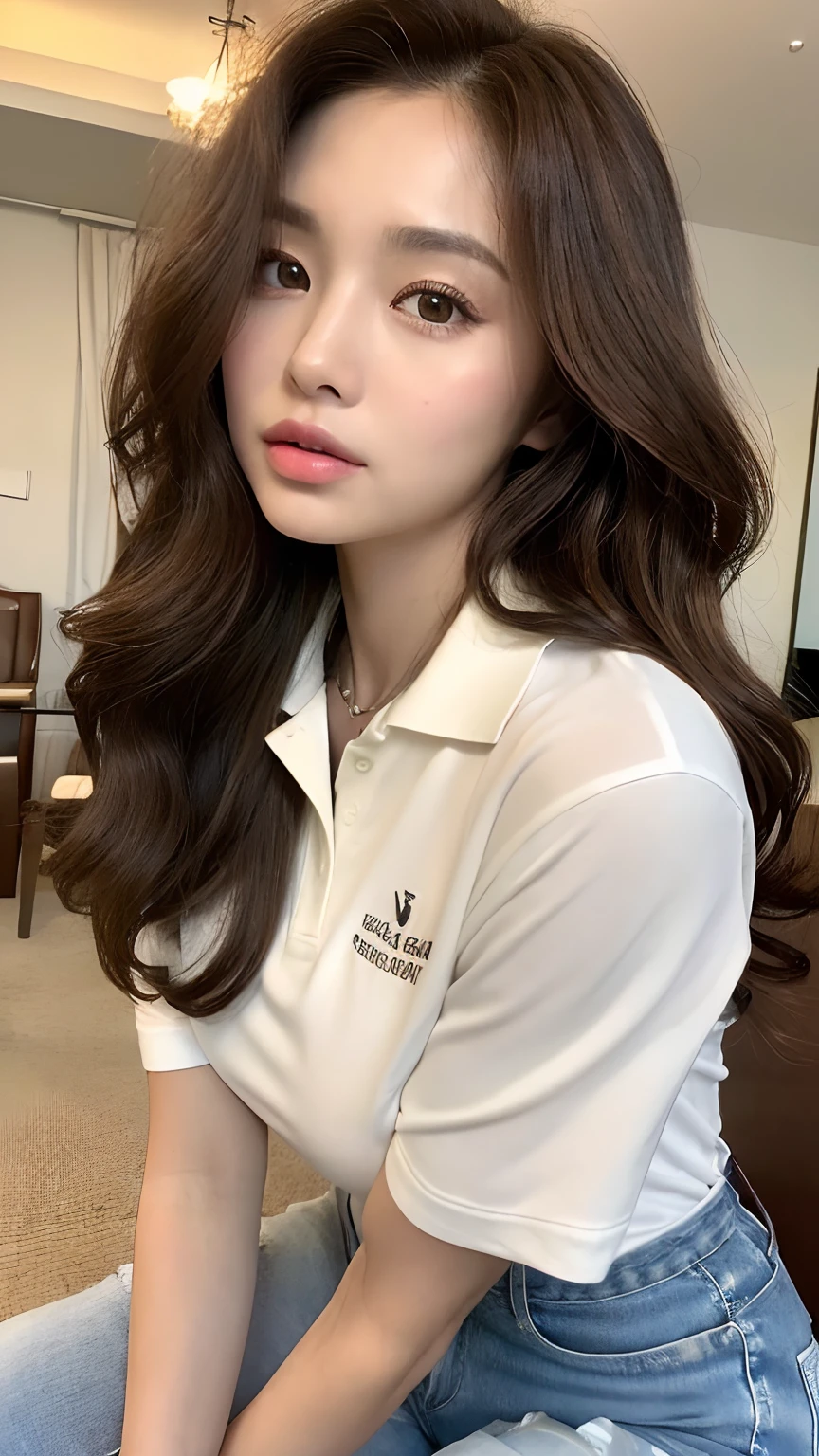 ((best qualtiy, 8K, tmasterpiece:1.3)), Focus:1.2, perfect figure beautiful woman:1.4, Cocked buttocks:1.2, ((Random Long Thick Diva Hairstyle) ((Brown Wavy Hair In Big Curls))（Long white legs：1.3，(Polo shirt With Jean Shorts:1.2) , (inside in room: 1.2), Highly detailed facial and skin texture, A detailed eye, 二重まぶた，((Beautiful Brown Skin))（Straight big breasts：1.3), looking at camera, Wear a necklace，