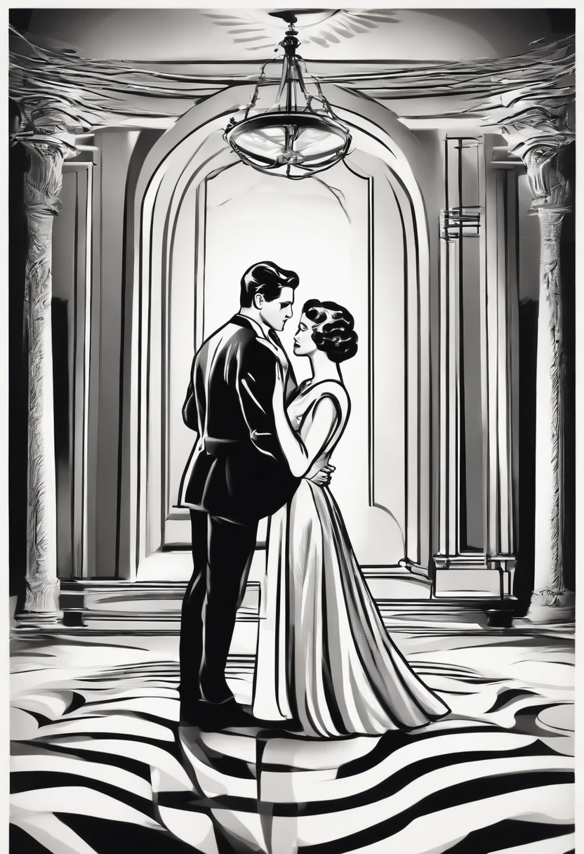 Couple in love in a room the man holding her hand as if to rotate romantic scene from classic black and white film