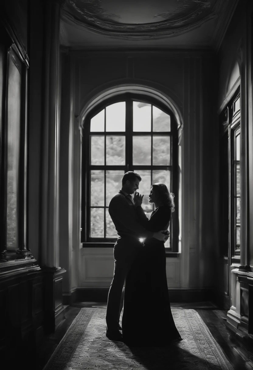 Couple in love in a room the man holding her hand as if to rotate romantic scene from classic black and white film